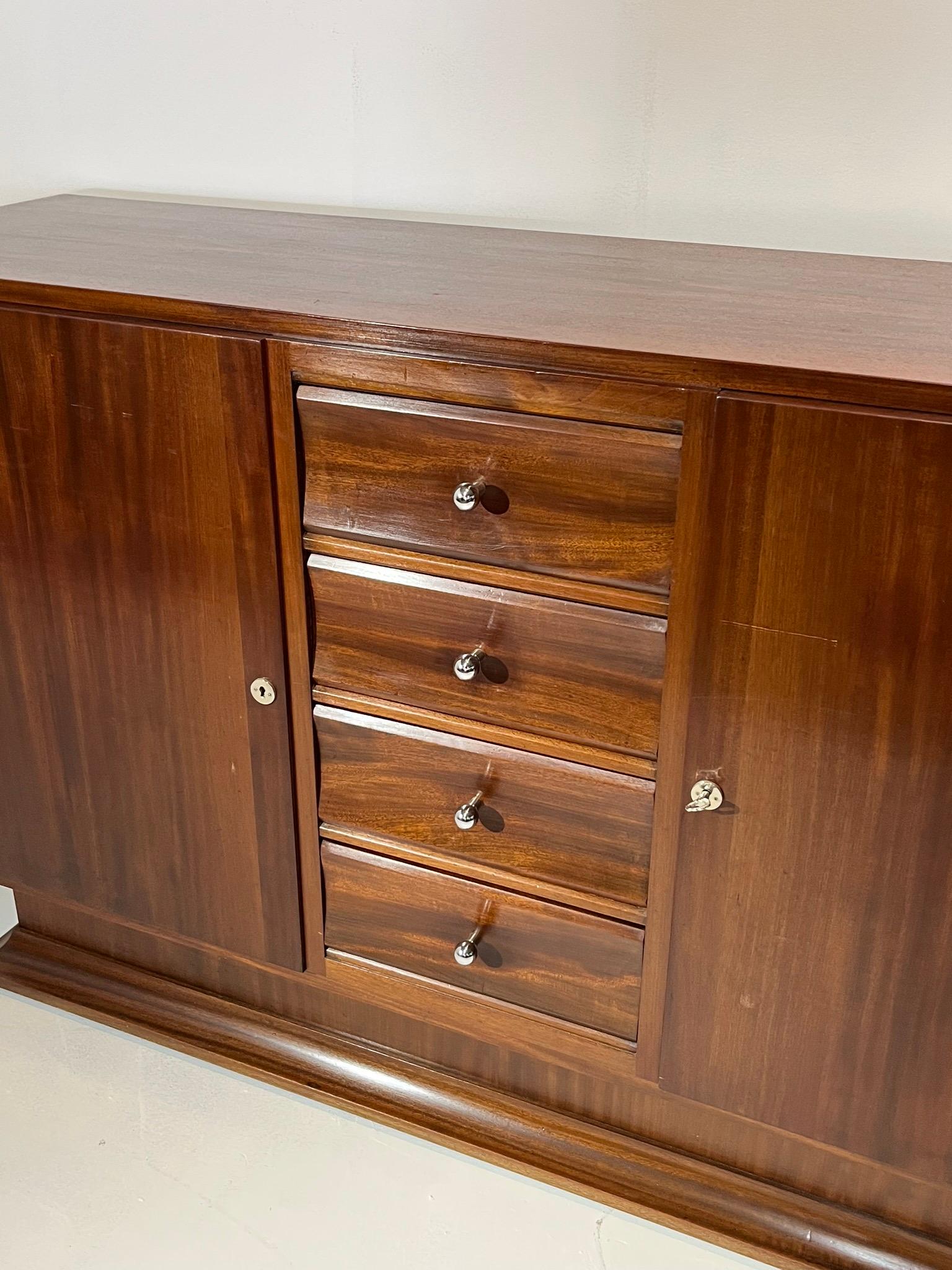 French Art Deco in Solid Mahogany Sideboard Four Drawers in the Middle In Good Condition For Sale In Miami, FL