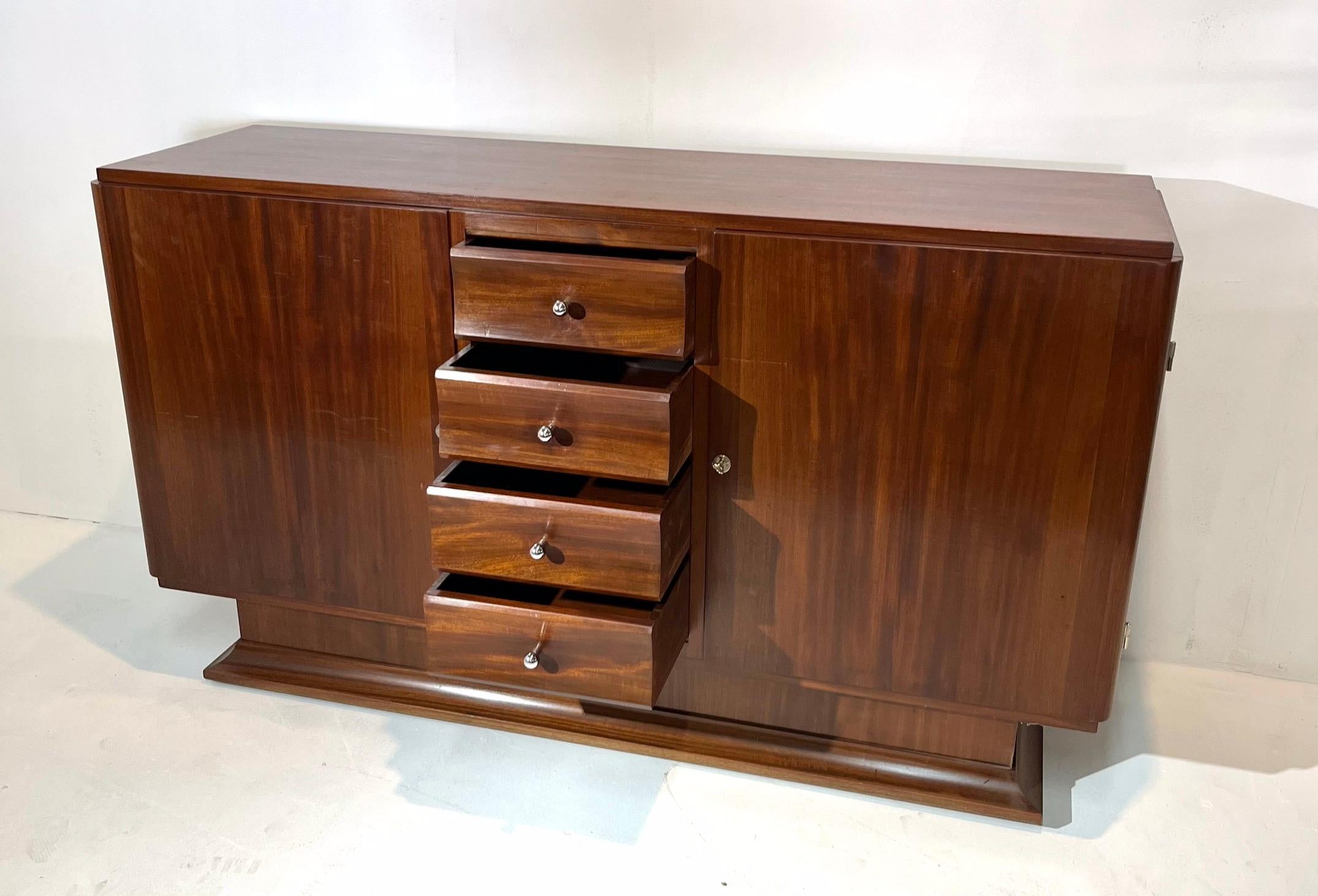 French Art Deco in Solid Mahogany Sideboard Four Drawers in the Middle For Sale 2