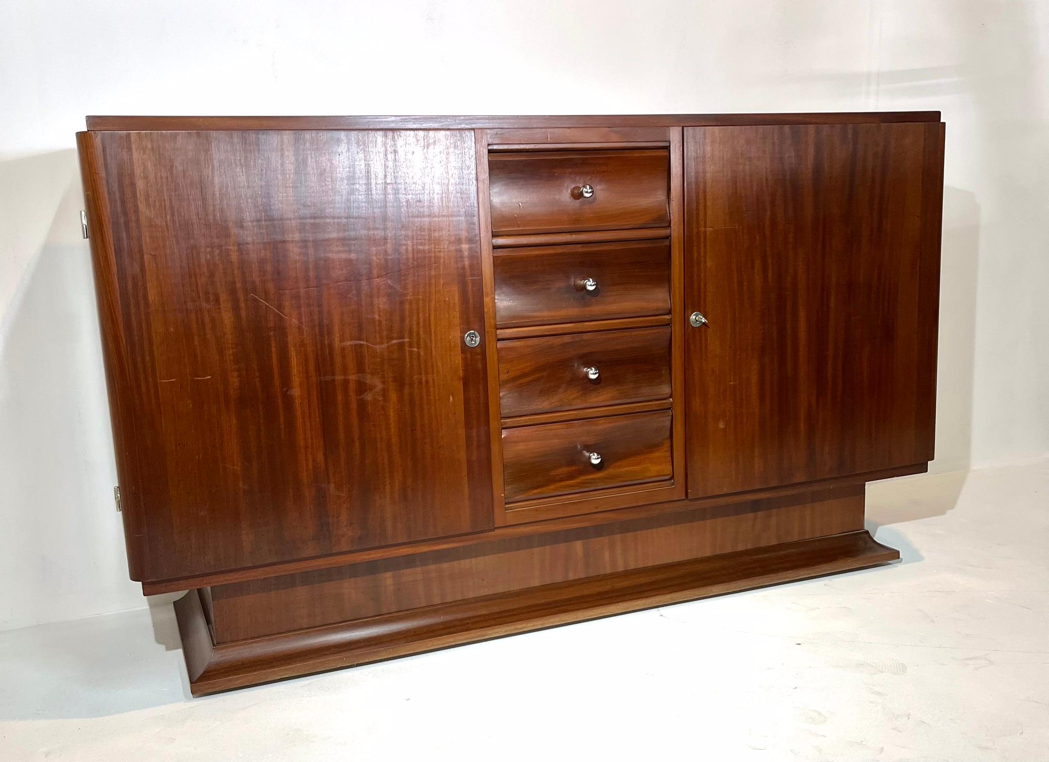 French Art Deco in Solid Mahogany Sideboard Four Drawers in the Middle For Sale 3