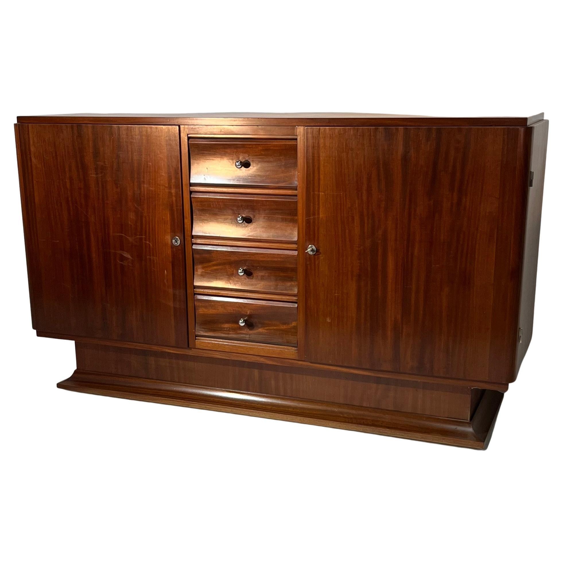 French Art Deco in Solid Mahogany Sideboard Four Drawers in the Middle