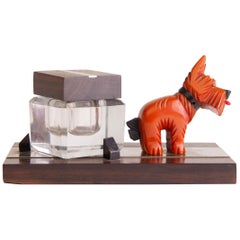 French Art Deco Ink Well with Amber Phenolic Scottie Dog