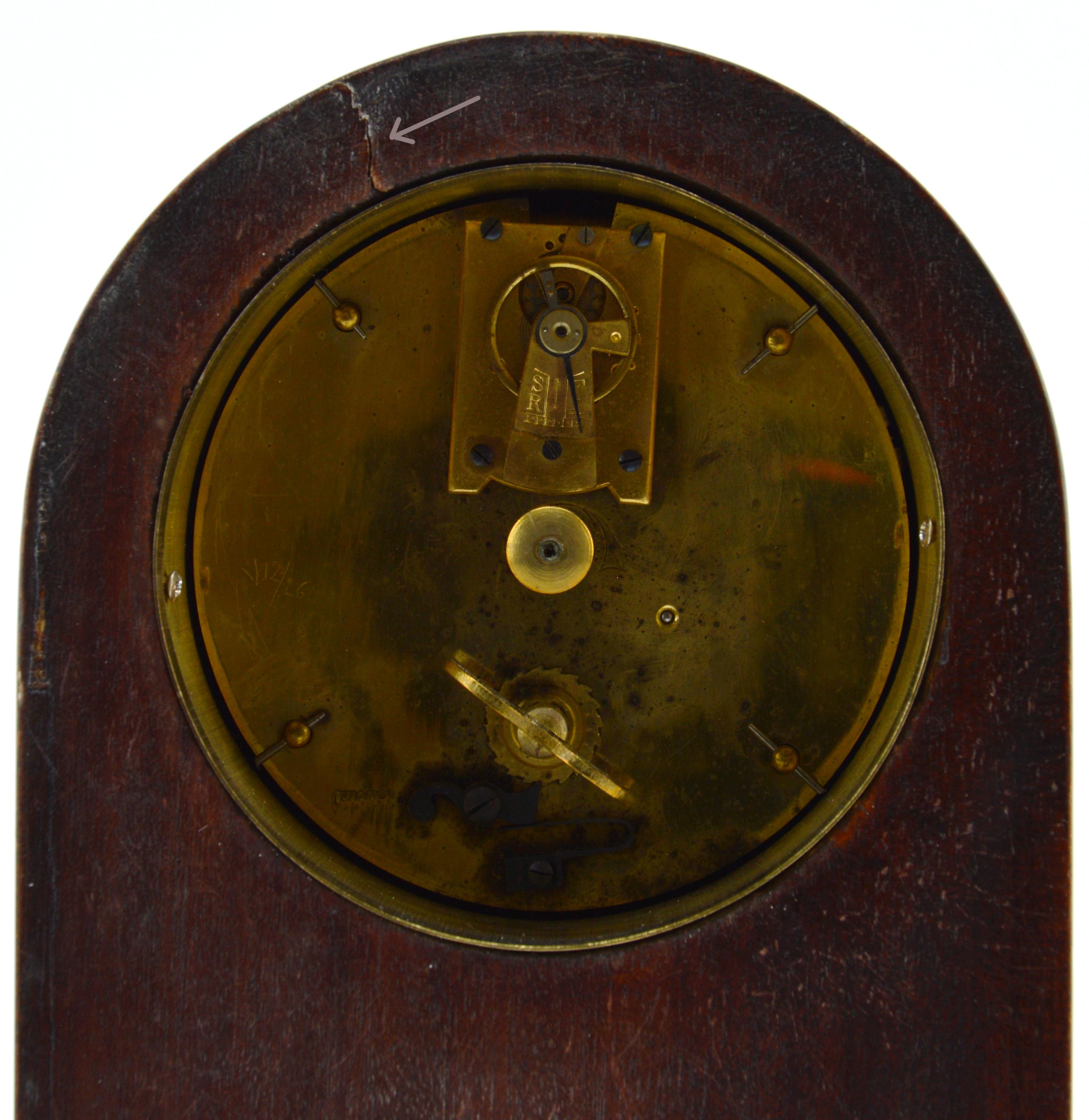 French Art Deco Inlaid Amboyna Veneered Table Clock, 1920s, Sue & Mare In Good Condition In Saint-Amans-des-Cots, FR