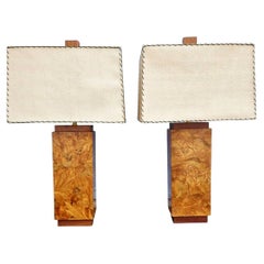 Burl Wood Lamps With Floral Inlay 1930s A Pair