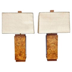 Burl Wood Lamps With Floral Inlay 1930s A Pair