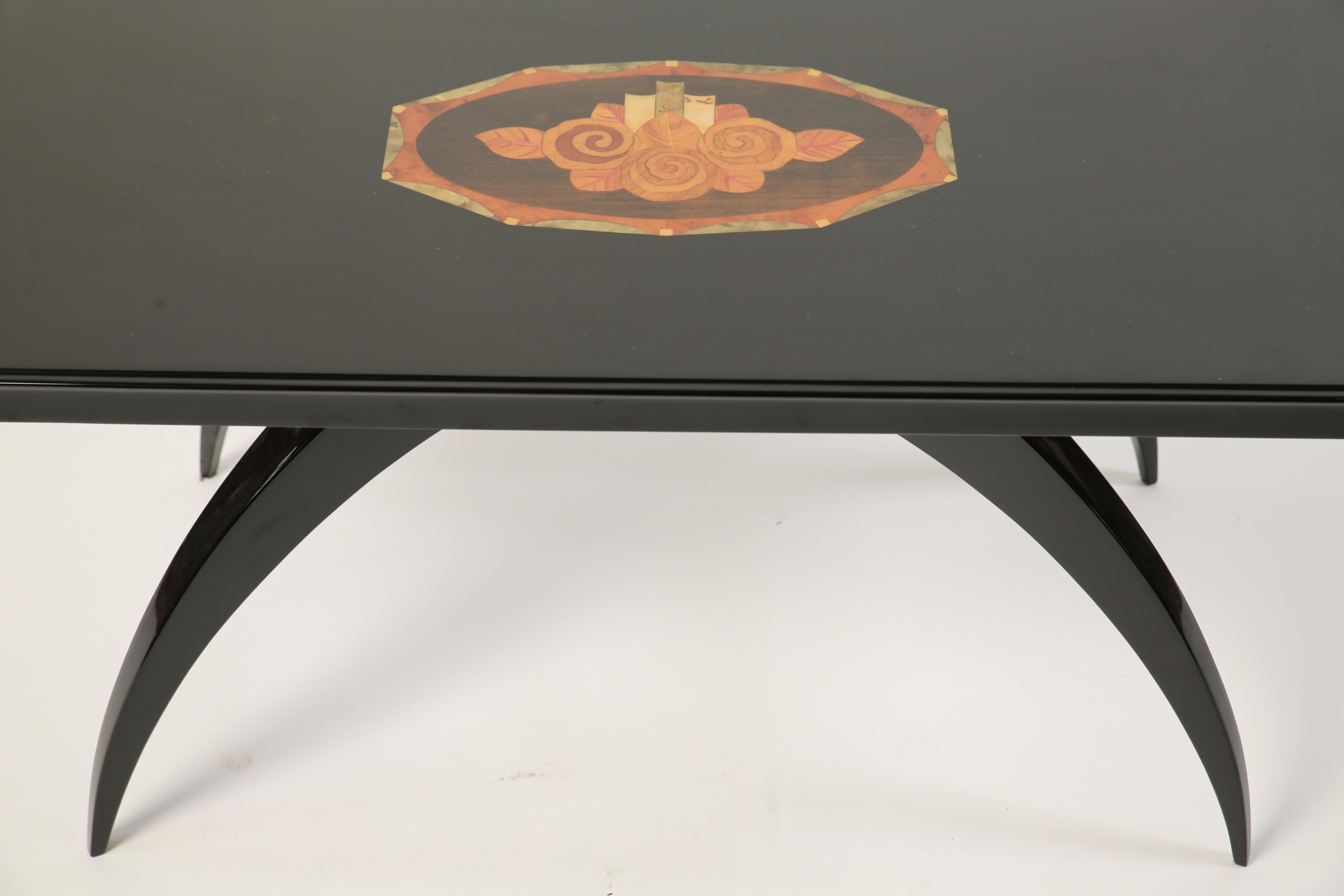 Blackened Polished Black French Art Deco Side Table with Floral Inlay For Sale