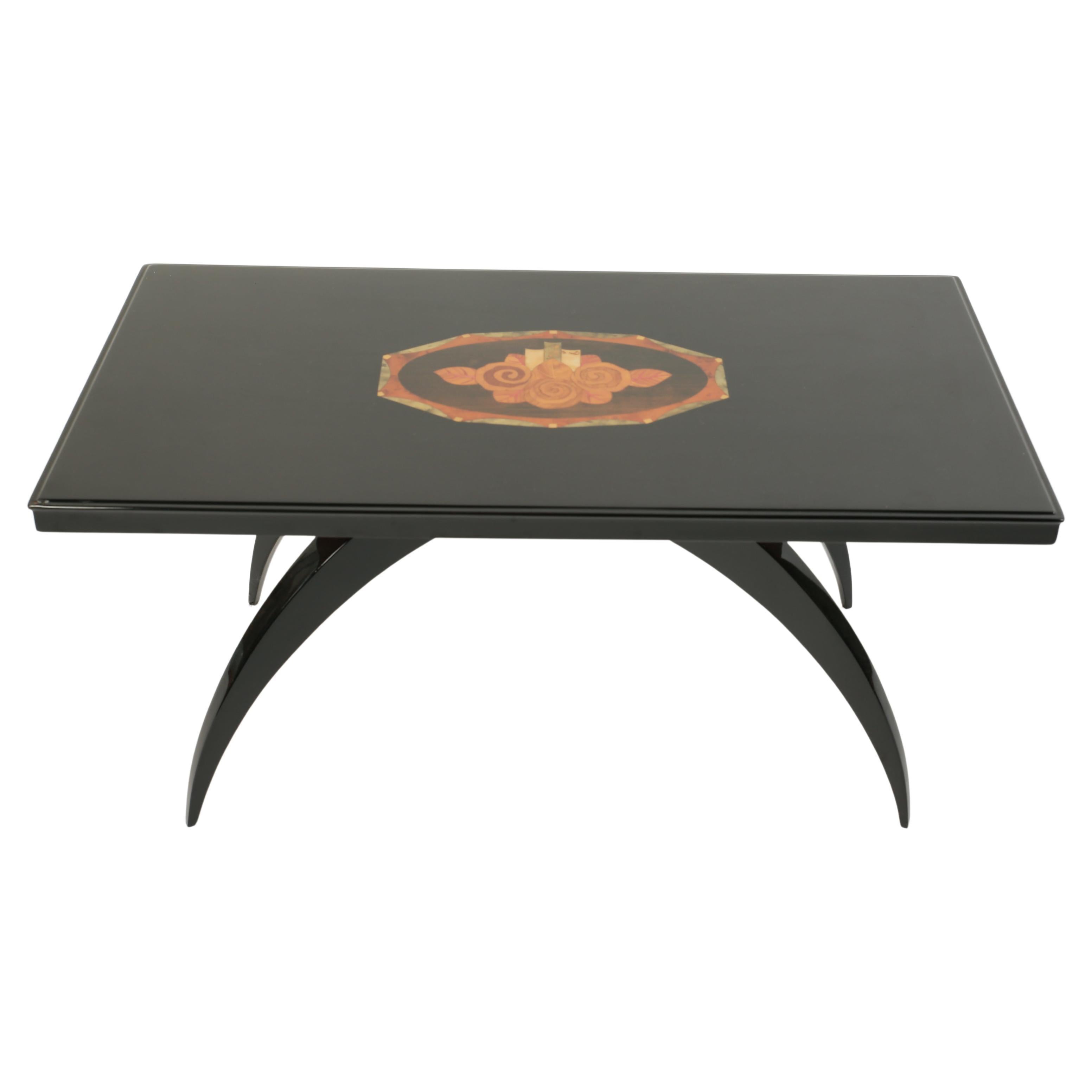 Polished Black French Art Deco Side Table with Floral Inlay