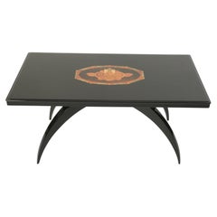 Polished Black French Art Deco Side Table with Floral Inlay