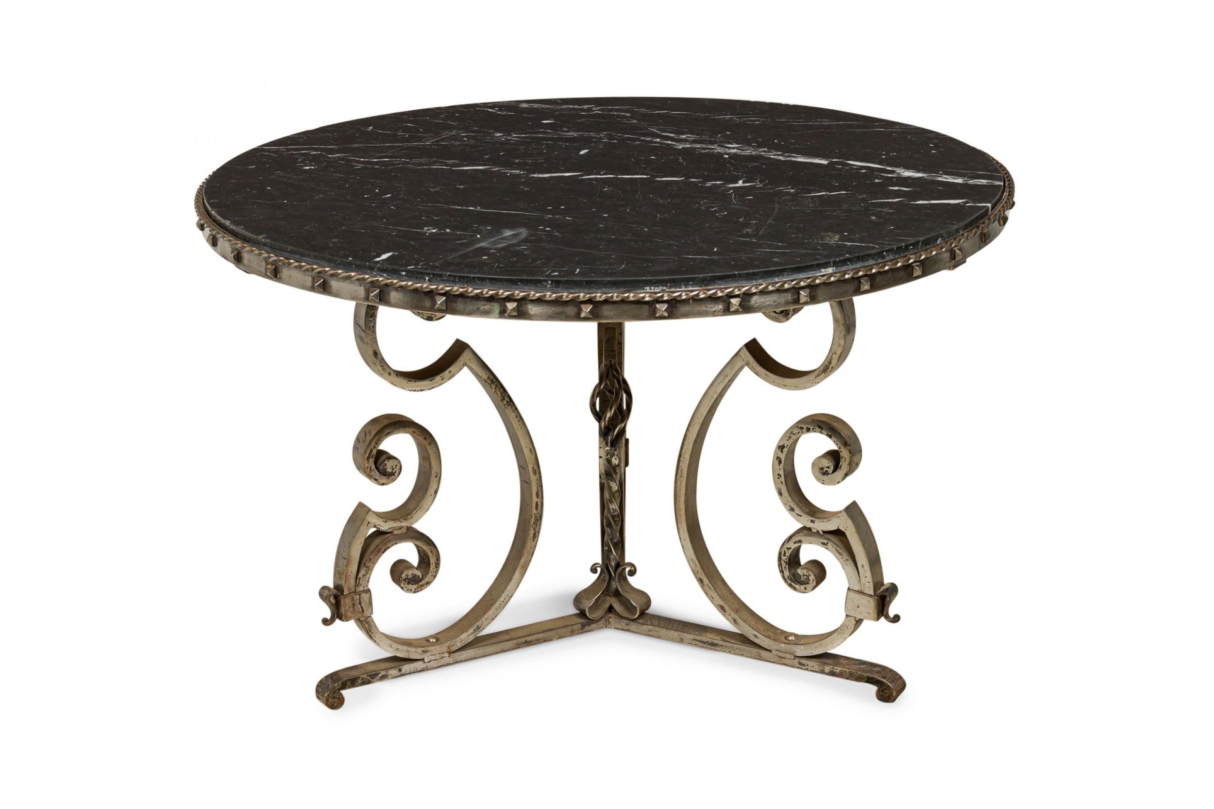 French Art Deco Iron and Black Marble Circular Scoll Form Center Table For Sale 1