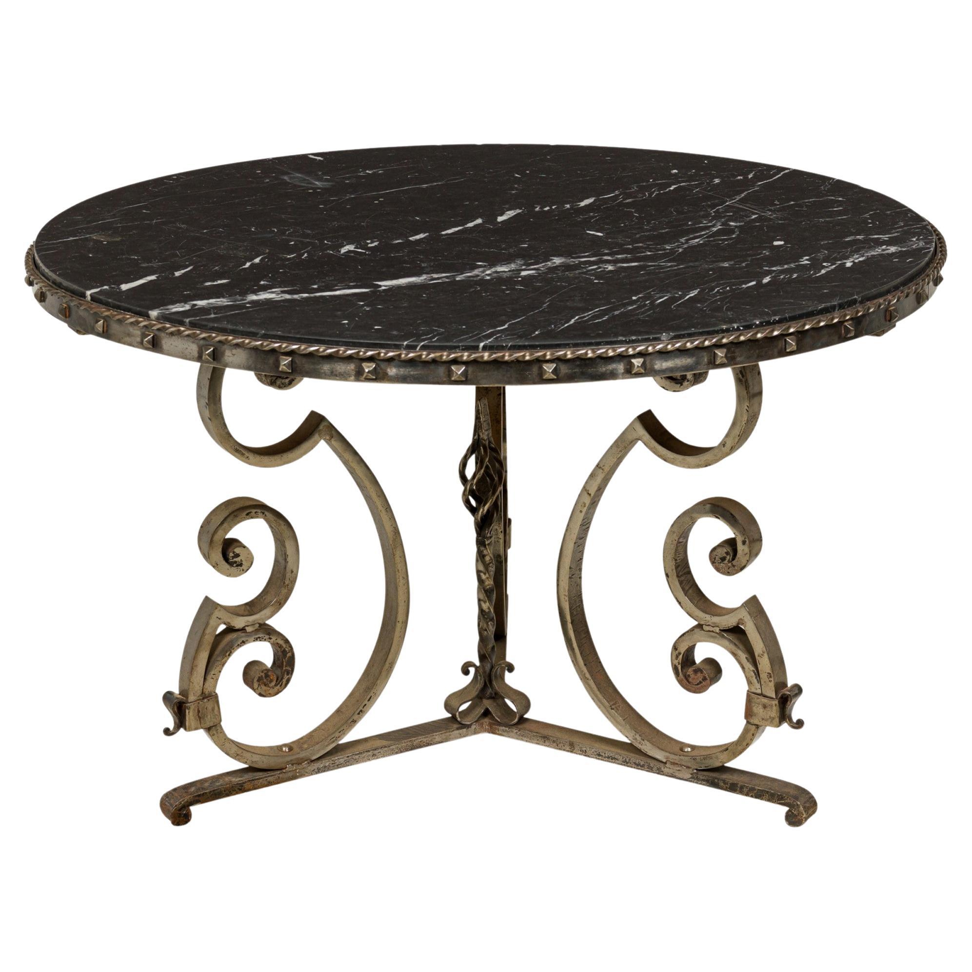French Art Deco Iron and Black Marble Circular Scoll Form Center Table