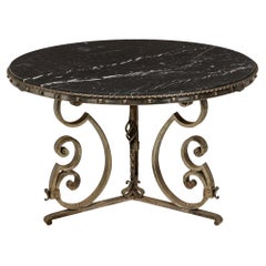 French Art Deco Iron and Black Marble Circular Scoll Form Center Table