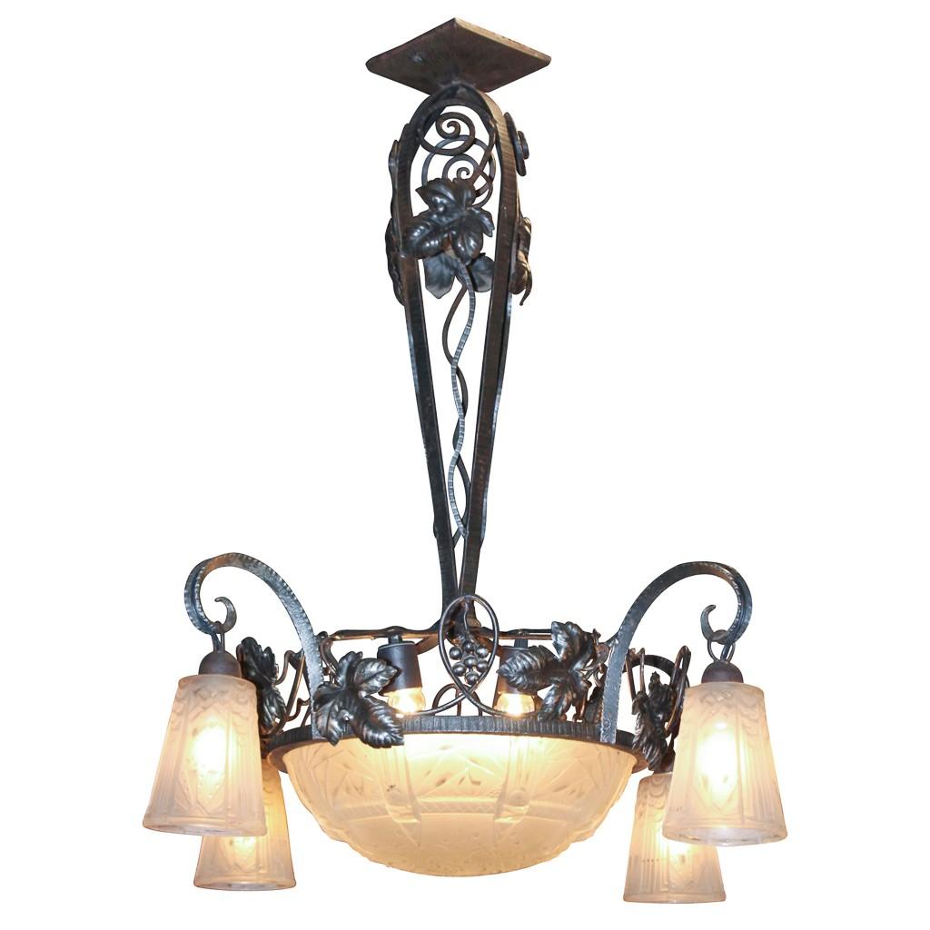 French Art Deco Iron and Glass Chandelier, circa 1920