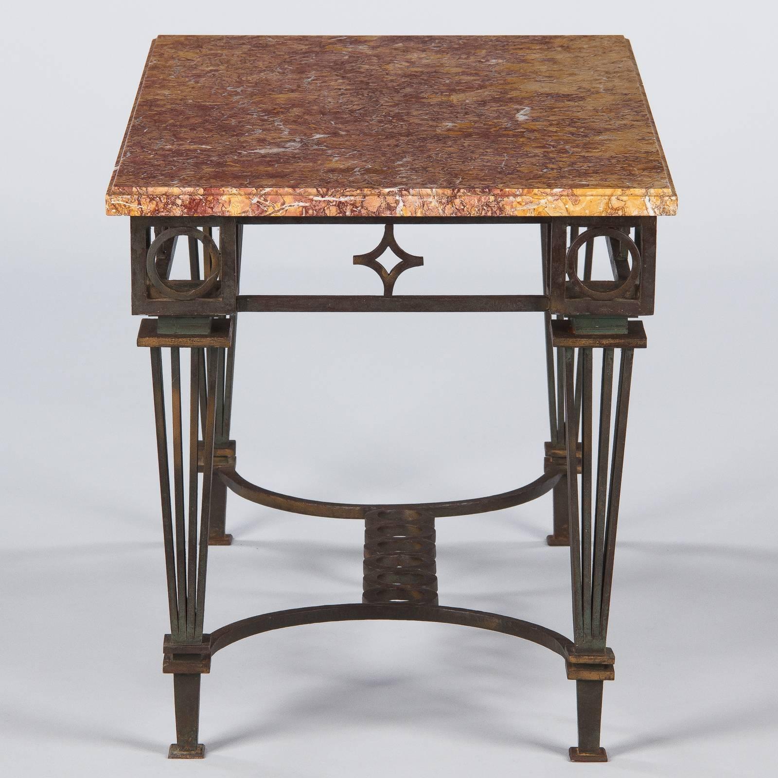 Mid-20th Century French Art Deco Iron and Marble Table Attributed to Gilbert Poillerat, 1930s