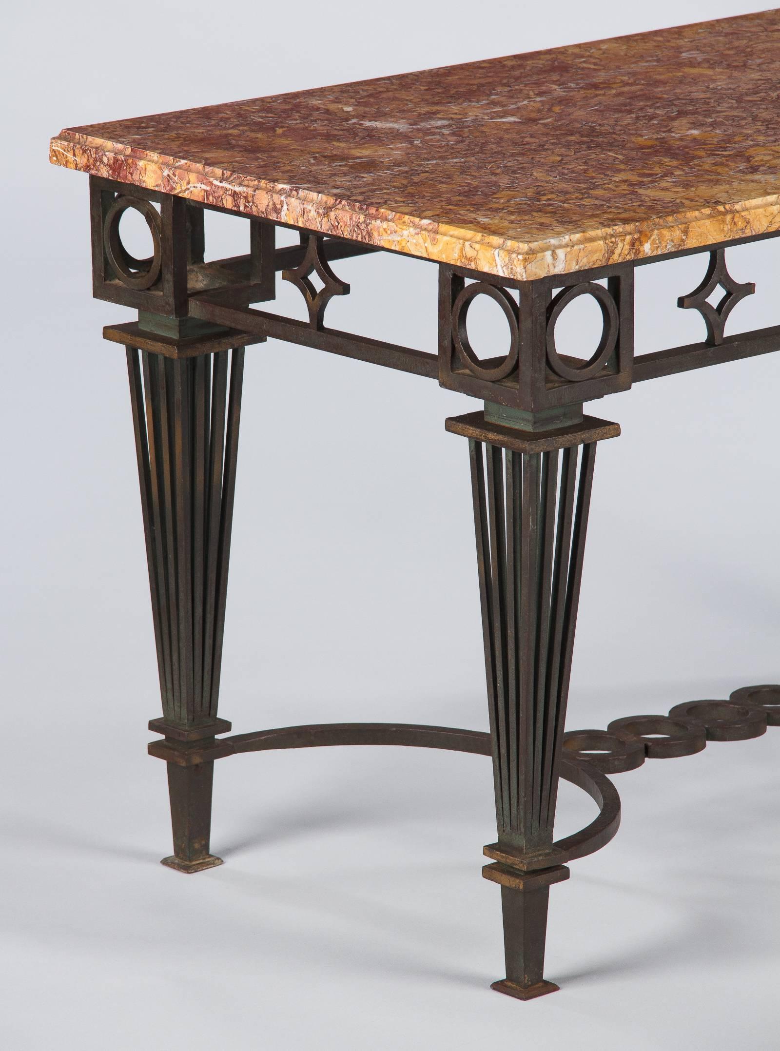 French Art Deco Iron and Marble Table Attributed to Gilbert Poillerat, 1930s 1