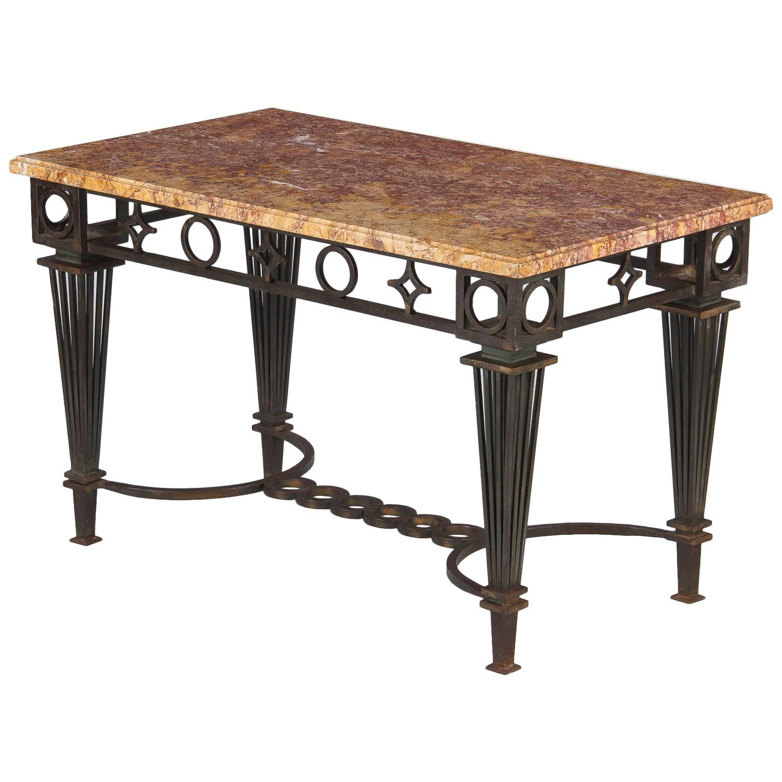 French Art Deco Iron and Marble Table Attributed to Gilbert Poillerat, 1930s