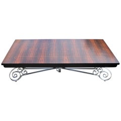 French Art Deco Iron Base Exotic Macassar Ebony Coffee Table, circa 1940s