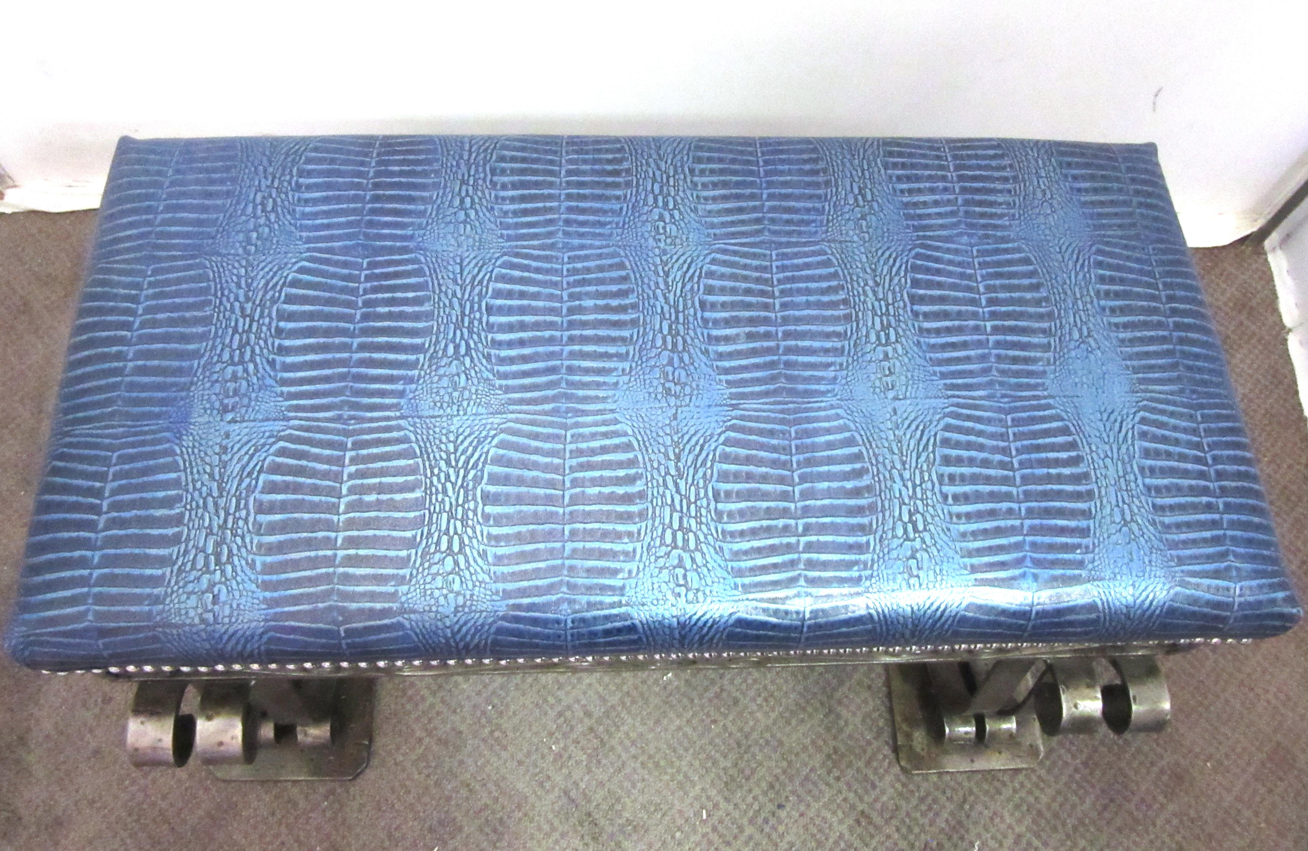 French Art Deco Iron Bench with Faux Alligator Blue Leather Upholstery In Good Condition In New York, NY