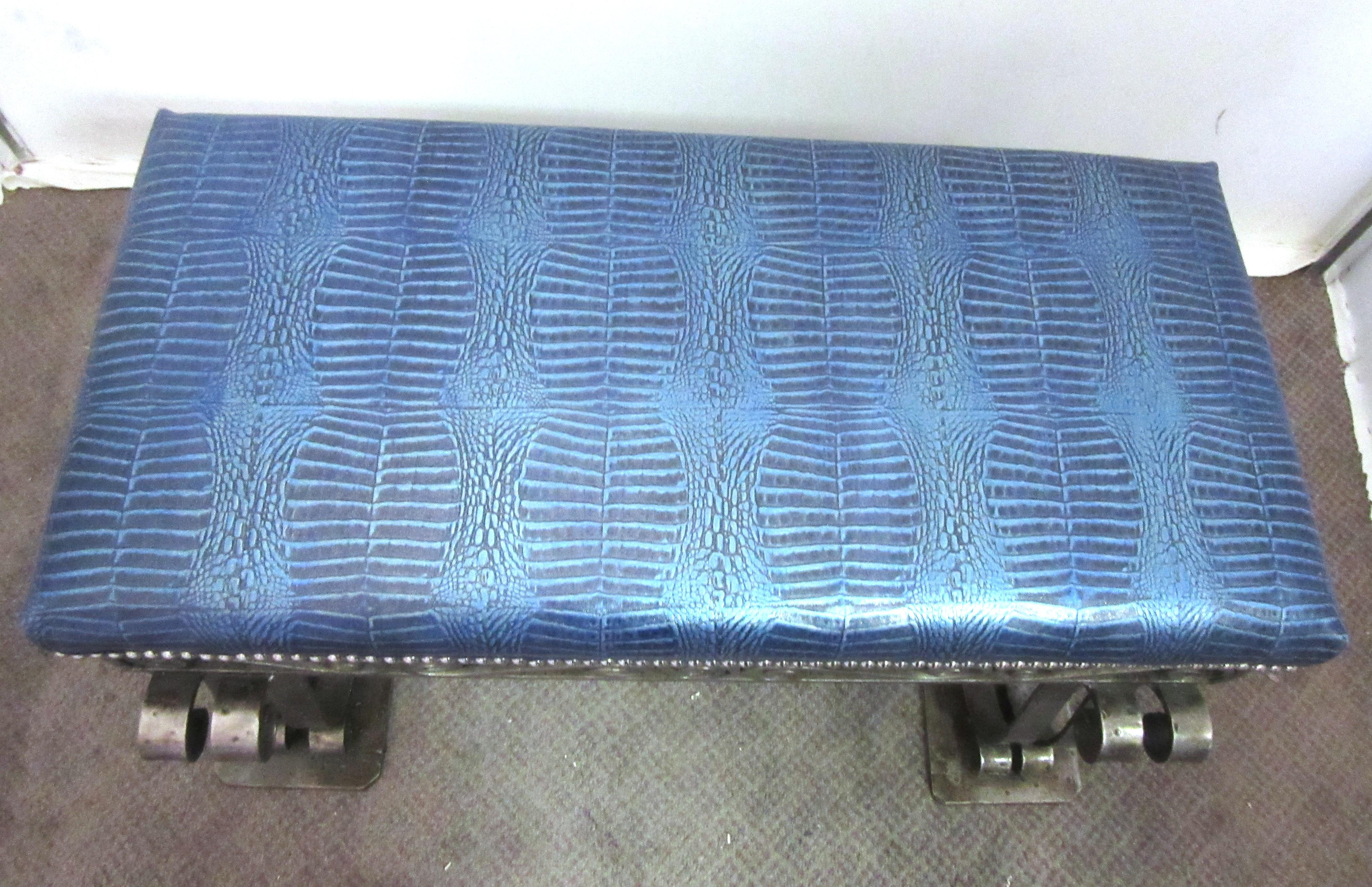 Mid-20th Century French Art Deco Iron Bench with Faux Alligator Blue Leather Upholstery