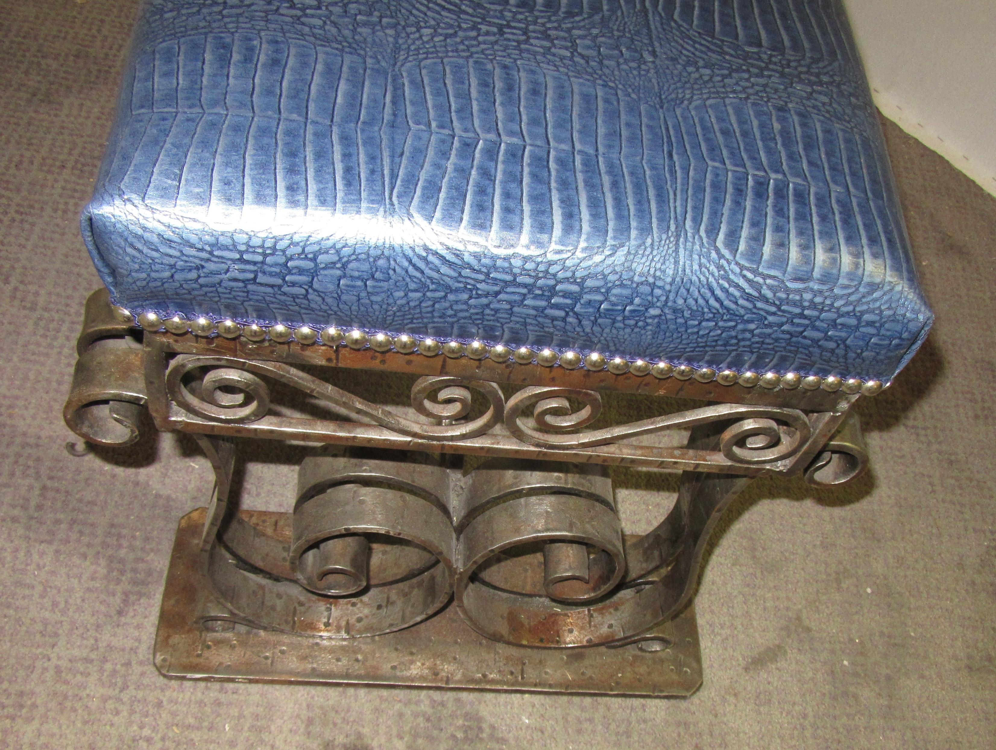 French Art Deco Iron Bench with Faux Alligator Blue Leather Upholstery 1