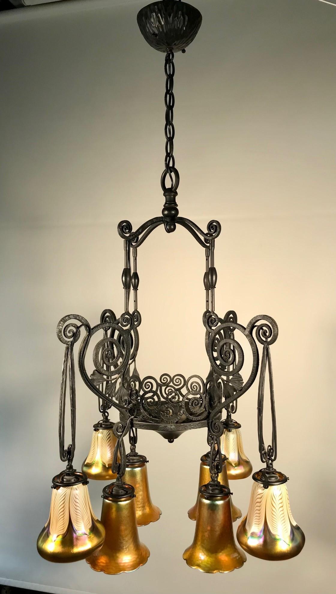 French Art Deco Iron Eight-Light Chandelier with Quezal Shades 4