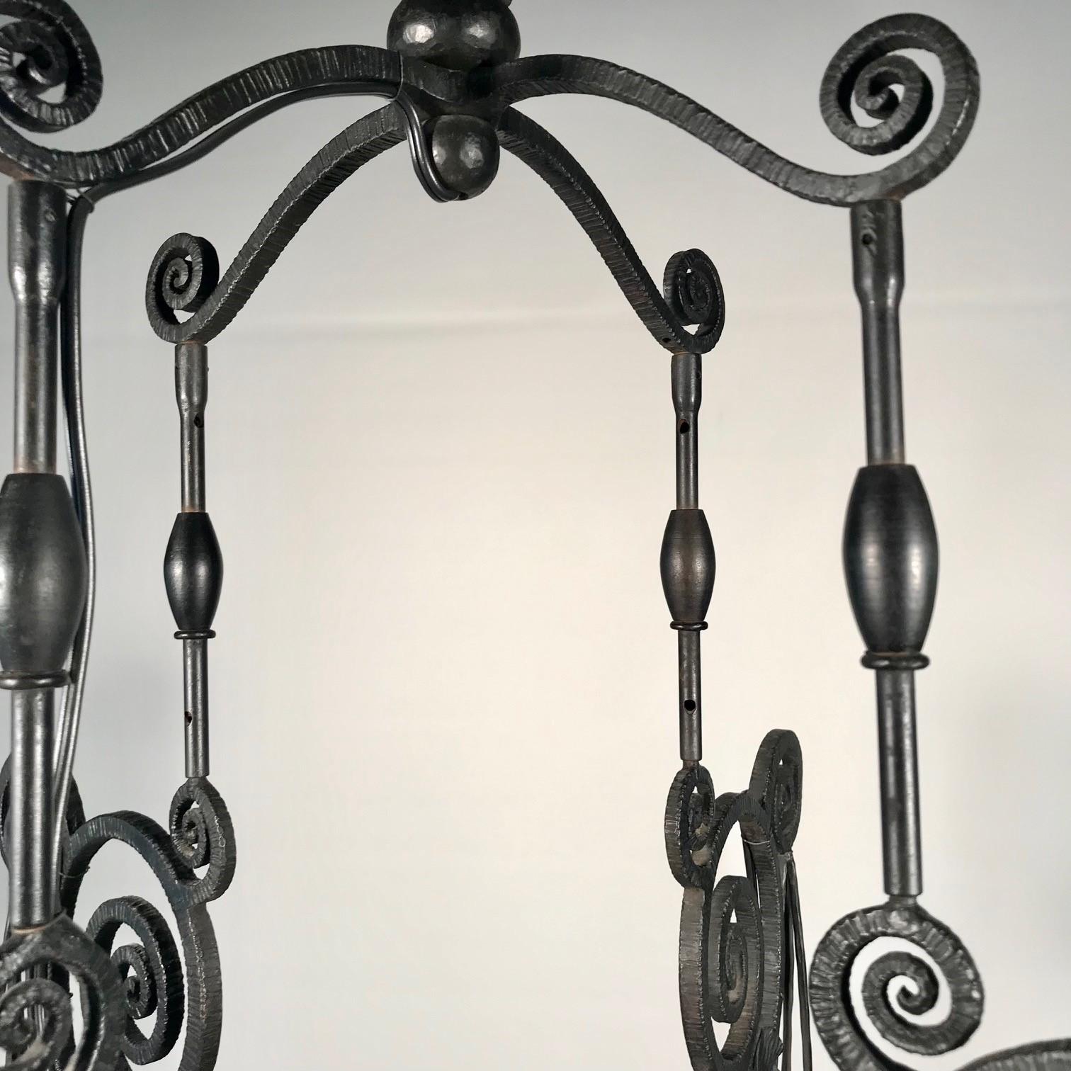 French Art Deco Iron Eight-Light Chandelier with Quezal Shades 10