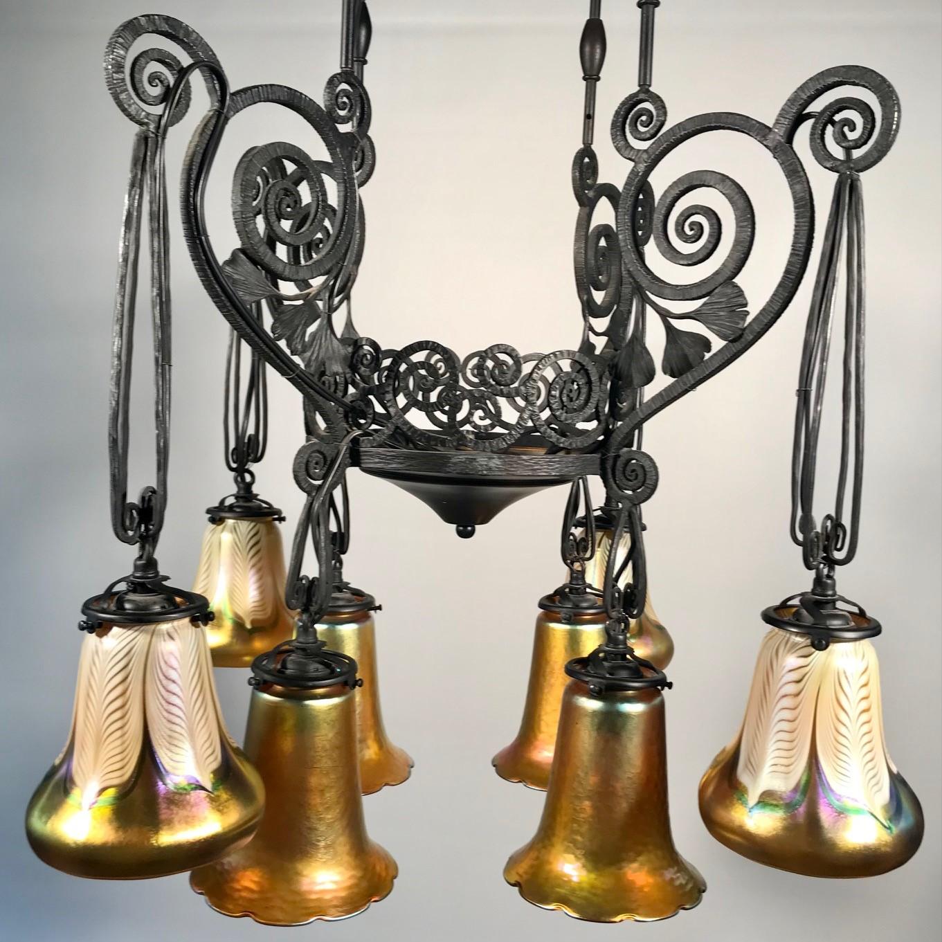 French Art Deco Iron Eight-Light Chandelier with Quezal Shades 11