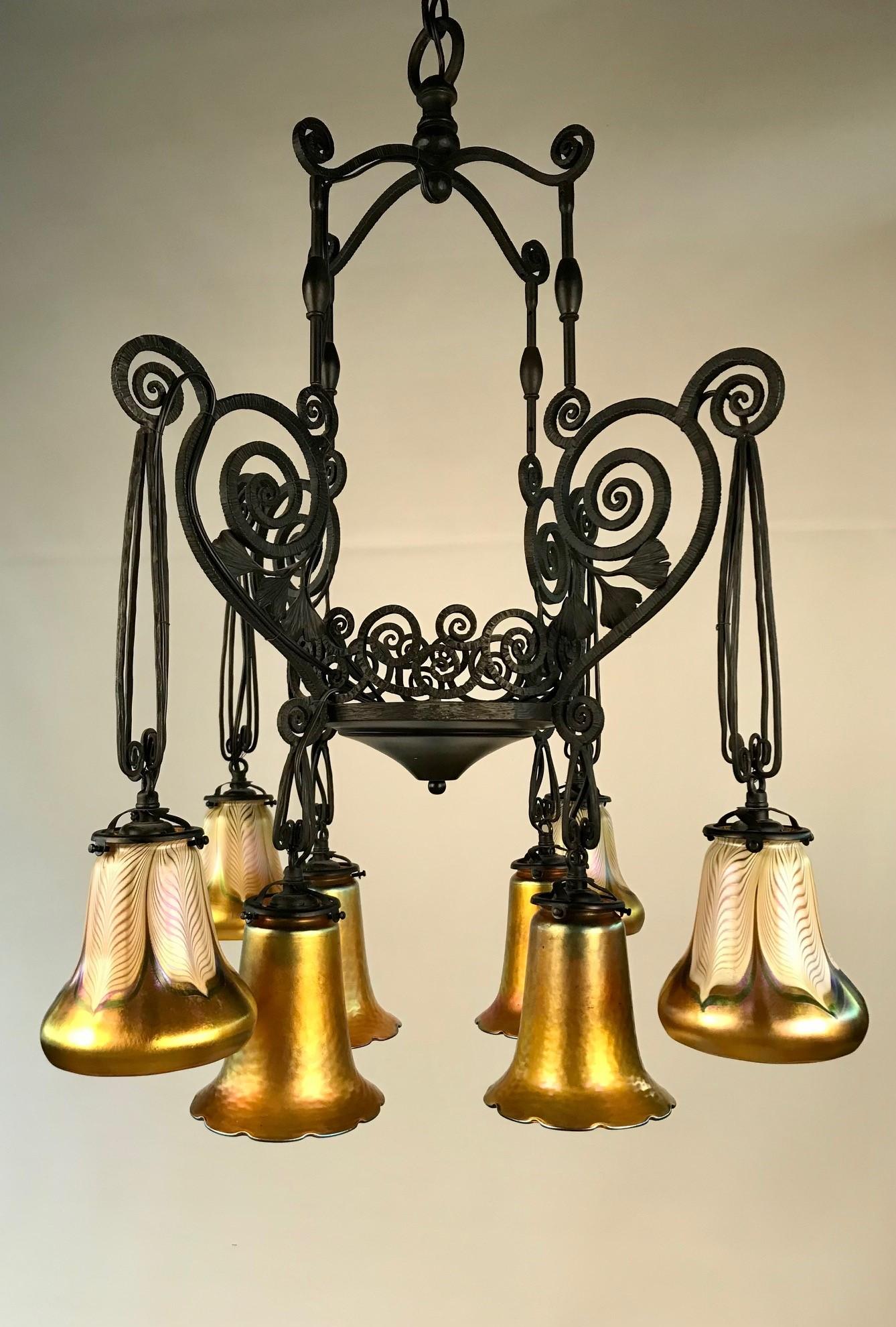 French Art Deco Iron Eight-Light Chandelier with Quezal Shades 2
