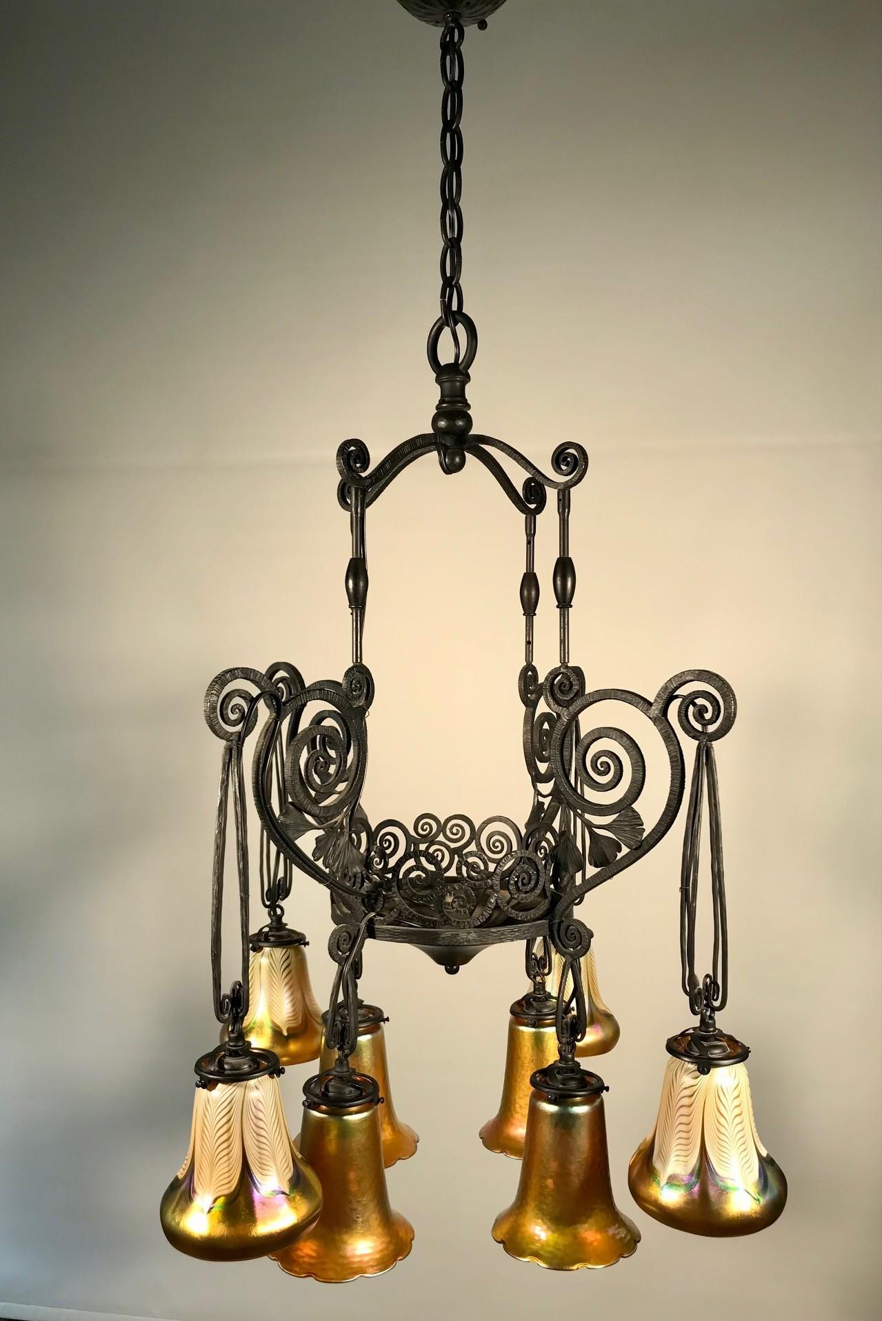 French Art Deco Iron Eight-Light Chandelier with Quezal Shades 3
