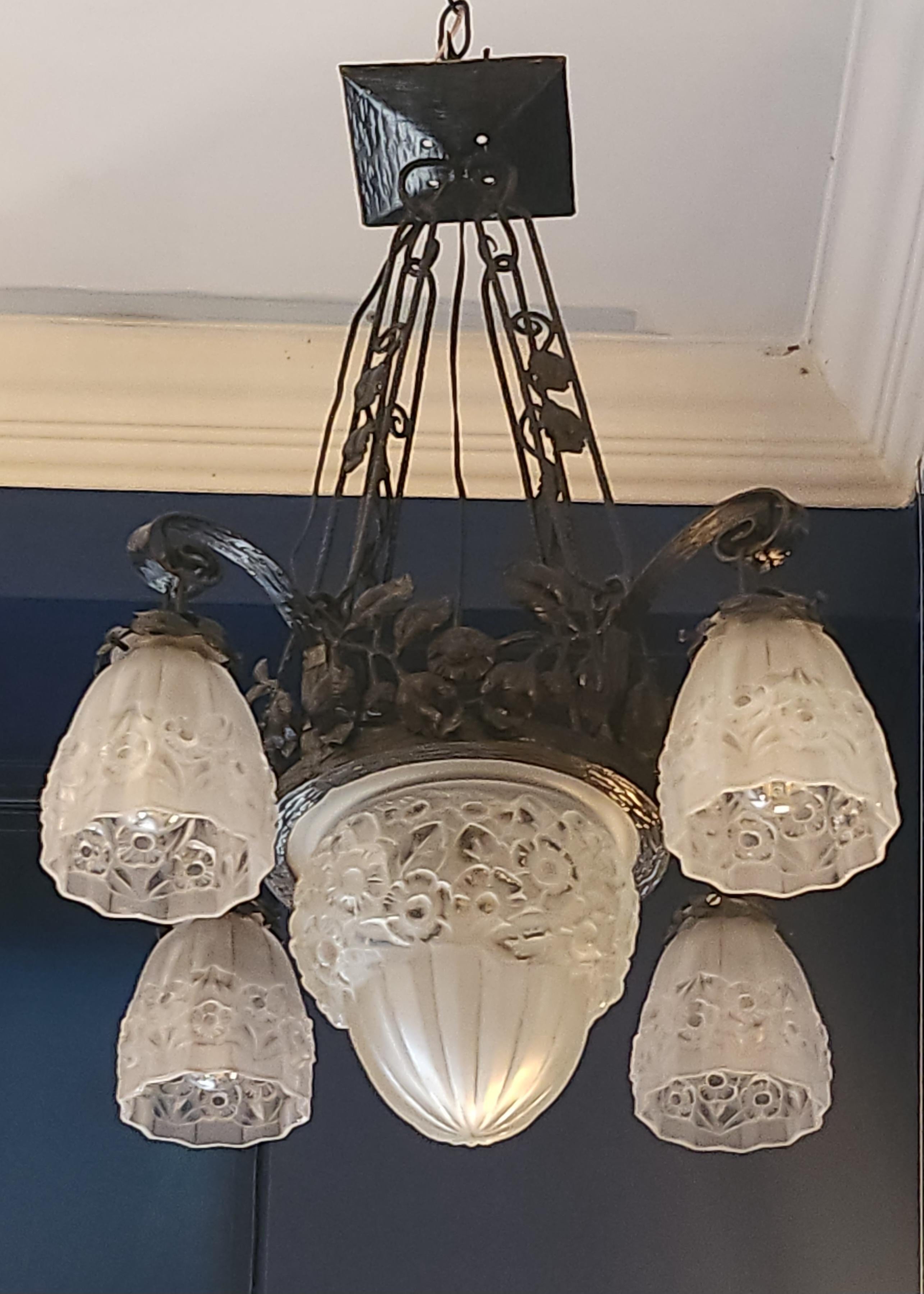 French Art Deco Iron Glass Chandelier  For Sale 6