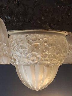 French Art Deco Iron and Glass Chandelier, 1930, 55cm Geometric Design