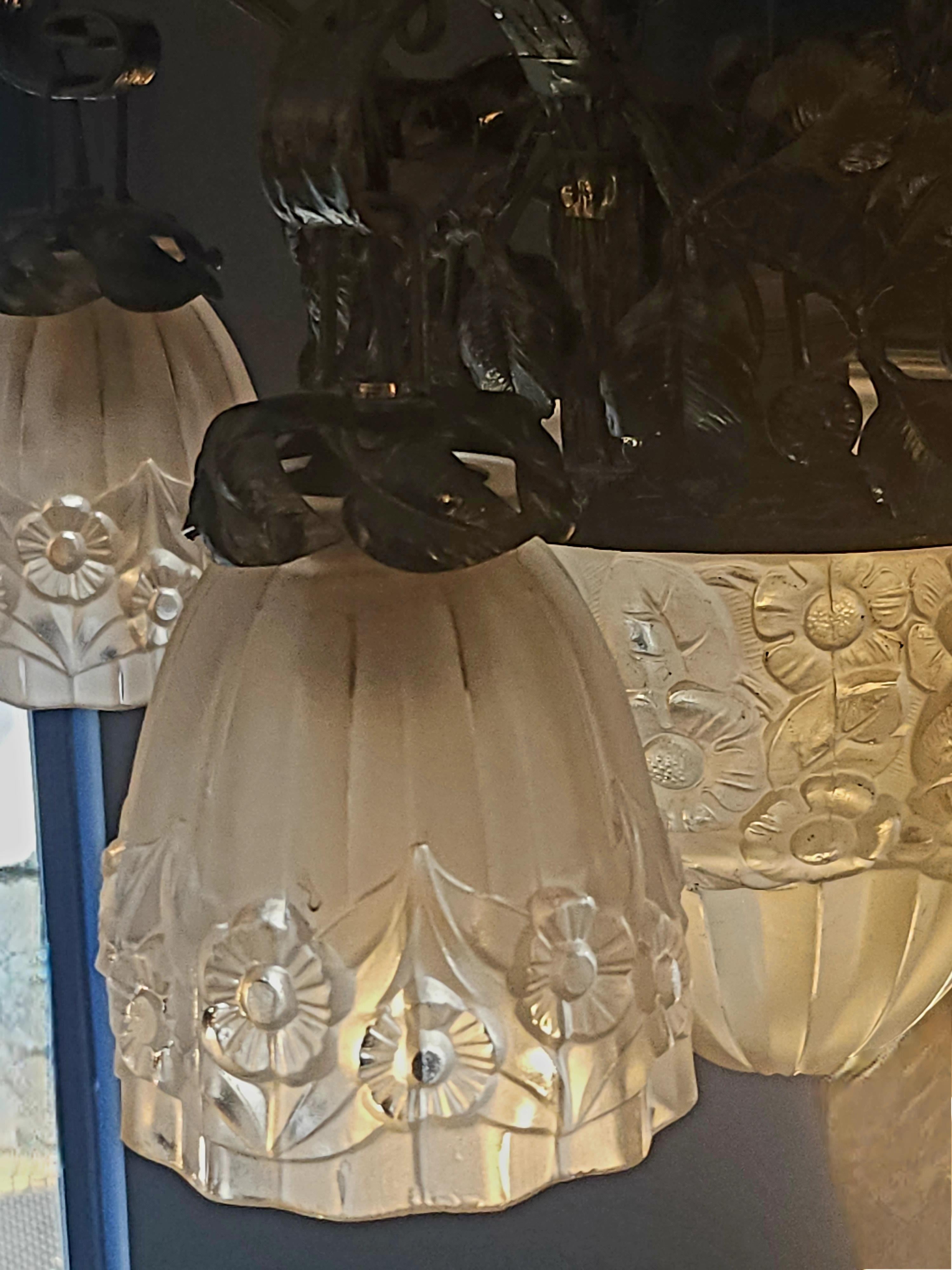 Mid-20th Century French Art Deco Iron Glass Chandelier For Sale