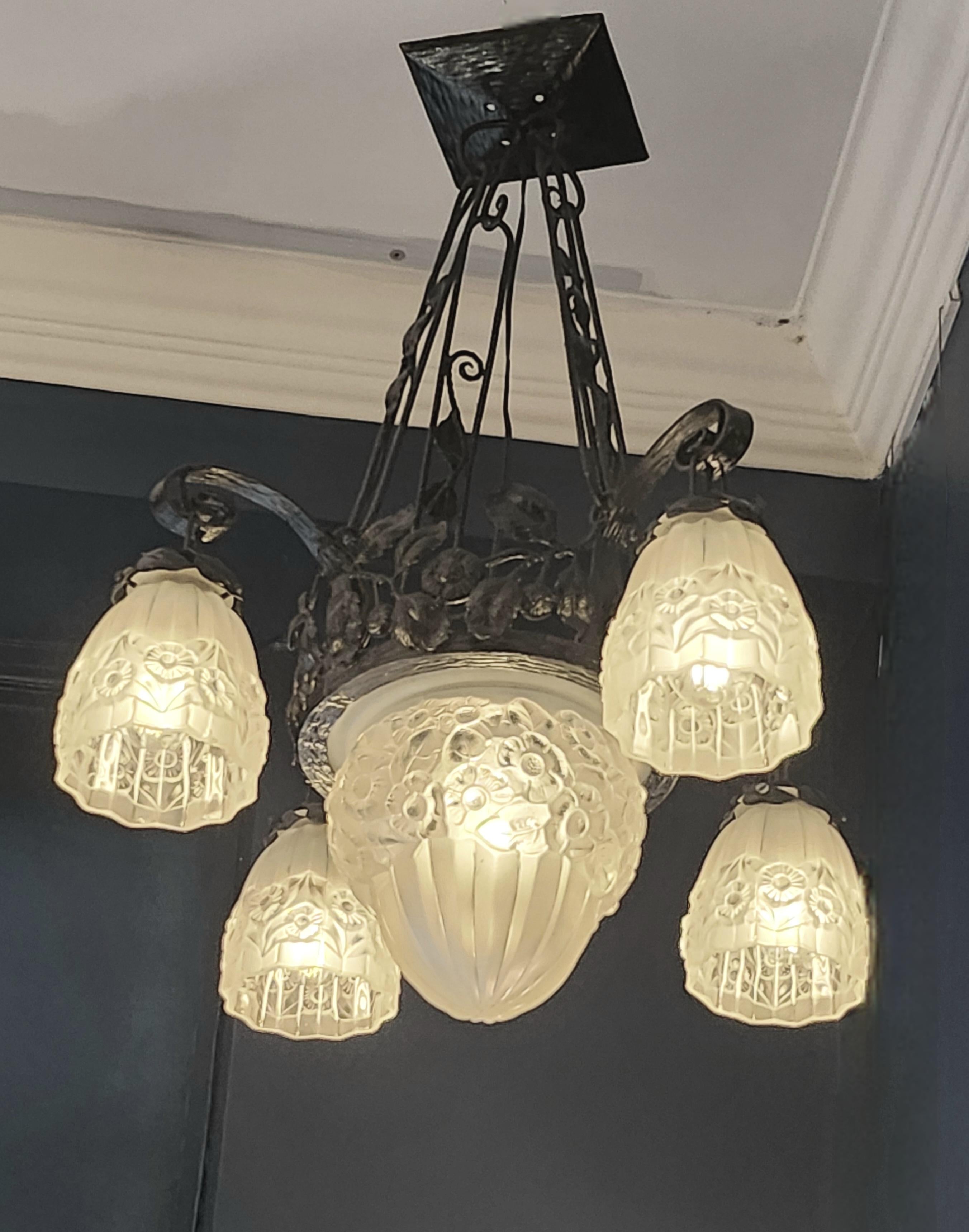 French Art Deco Iron Glass Chandelier  For Sale 2