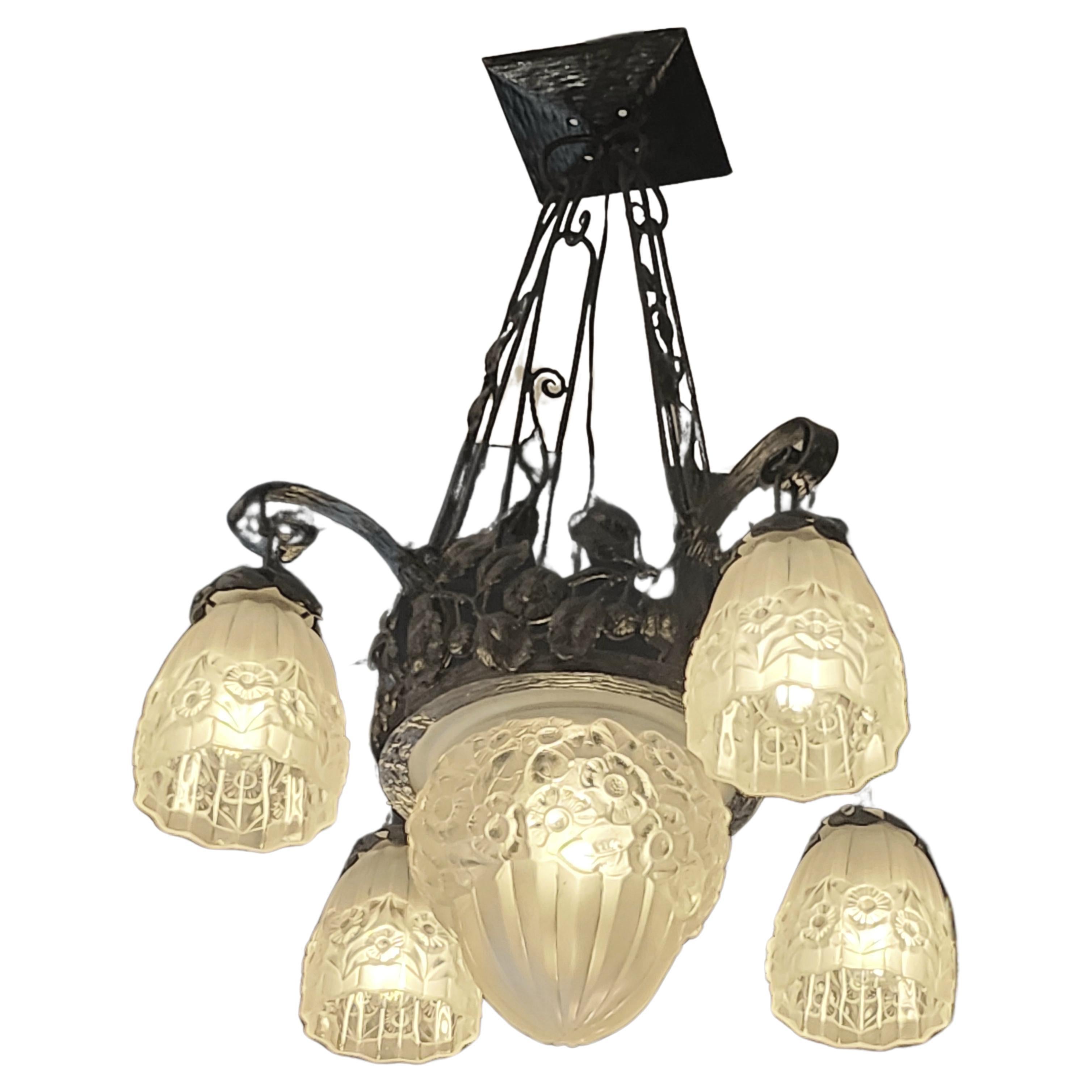 French Art Deco Iron Glass Chandelier  For Sale