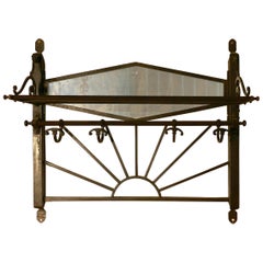 French Art Deco Iron Hat and Coat Rack with Shelf and Mirror, Pullman Style