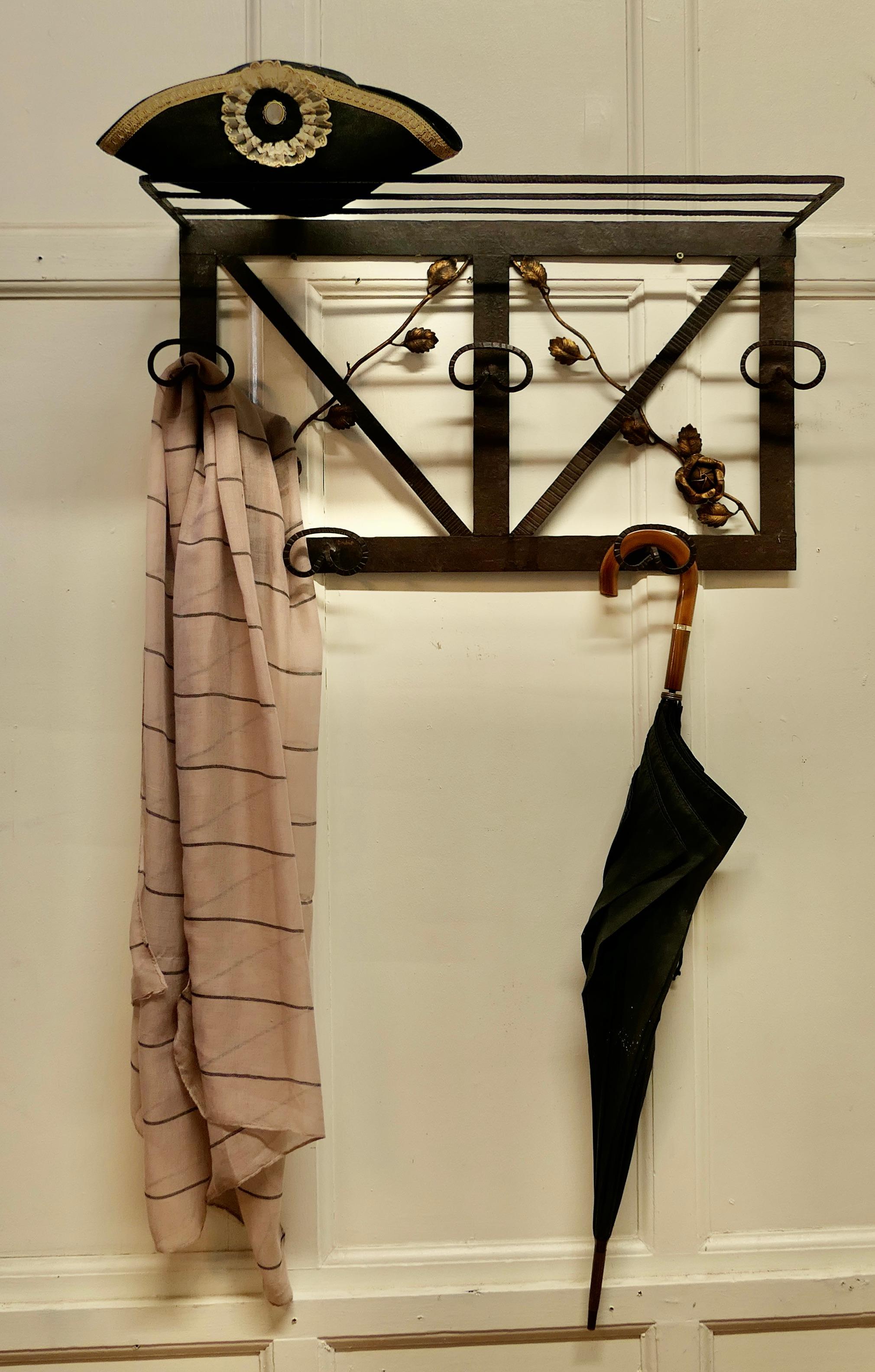 French Art Deco Iron Hat and Coat Rack with Shelf Decorated with Roses For Sale 2