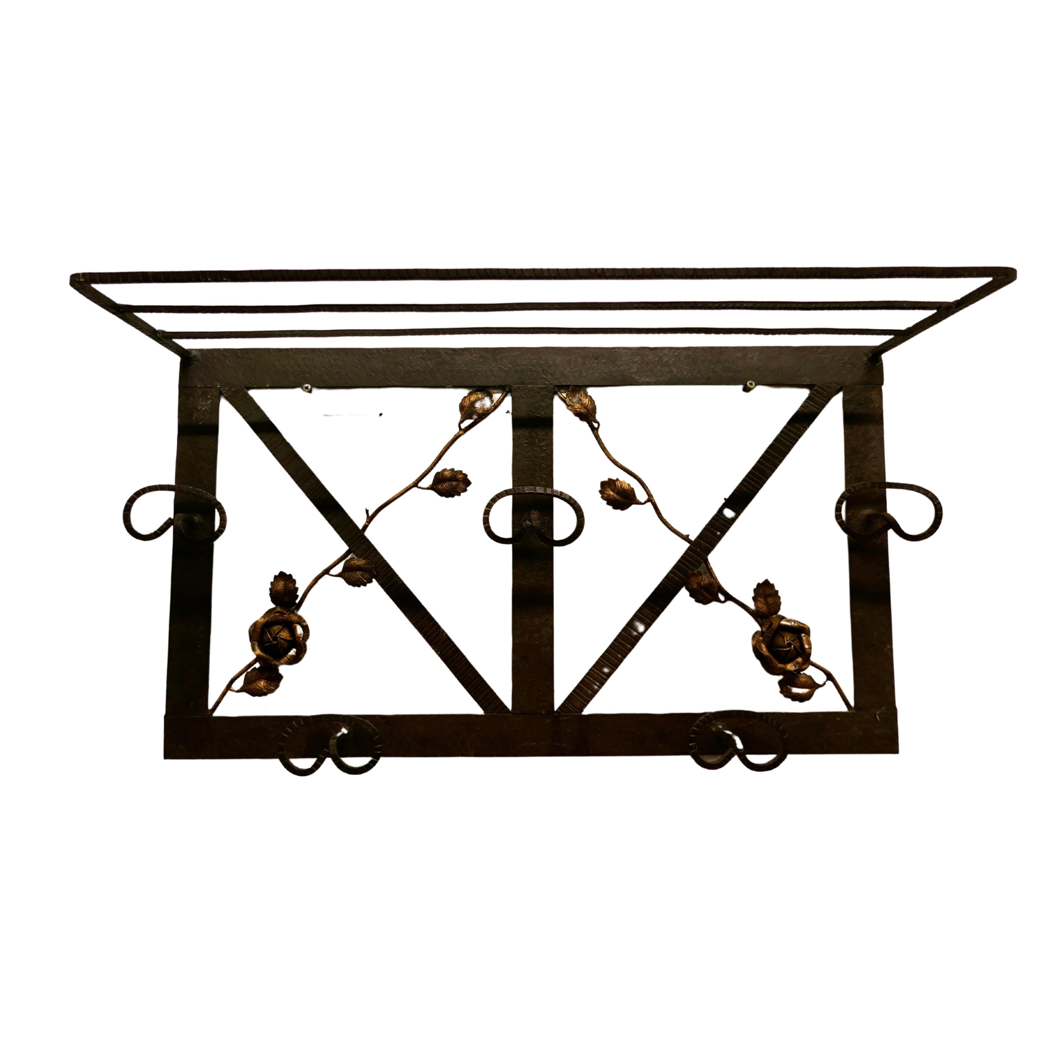French Art Deco Iron Hat and Coat Rack with Shelf Decorated with Roses For Sale