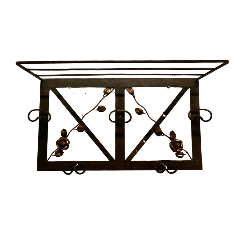 French Art Deco Iron Hat and Coat Rack with Shelf Decorated with Roses ...