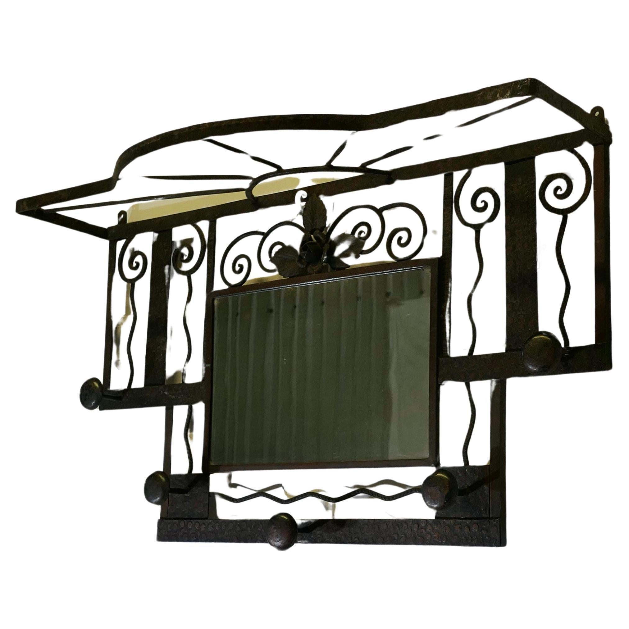 French Art Deco Iron Hat and Coat Rack with Shelf & Mirror, Industrial Style
