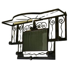 Antique French Art Deco Iron Hat and Coat Rack with Shelf & Mirror, Industrial Style