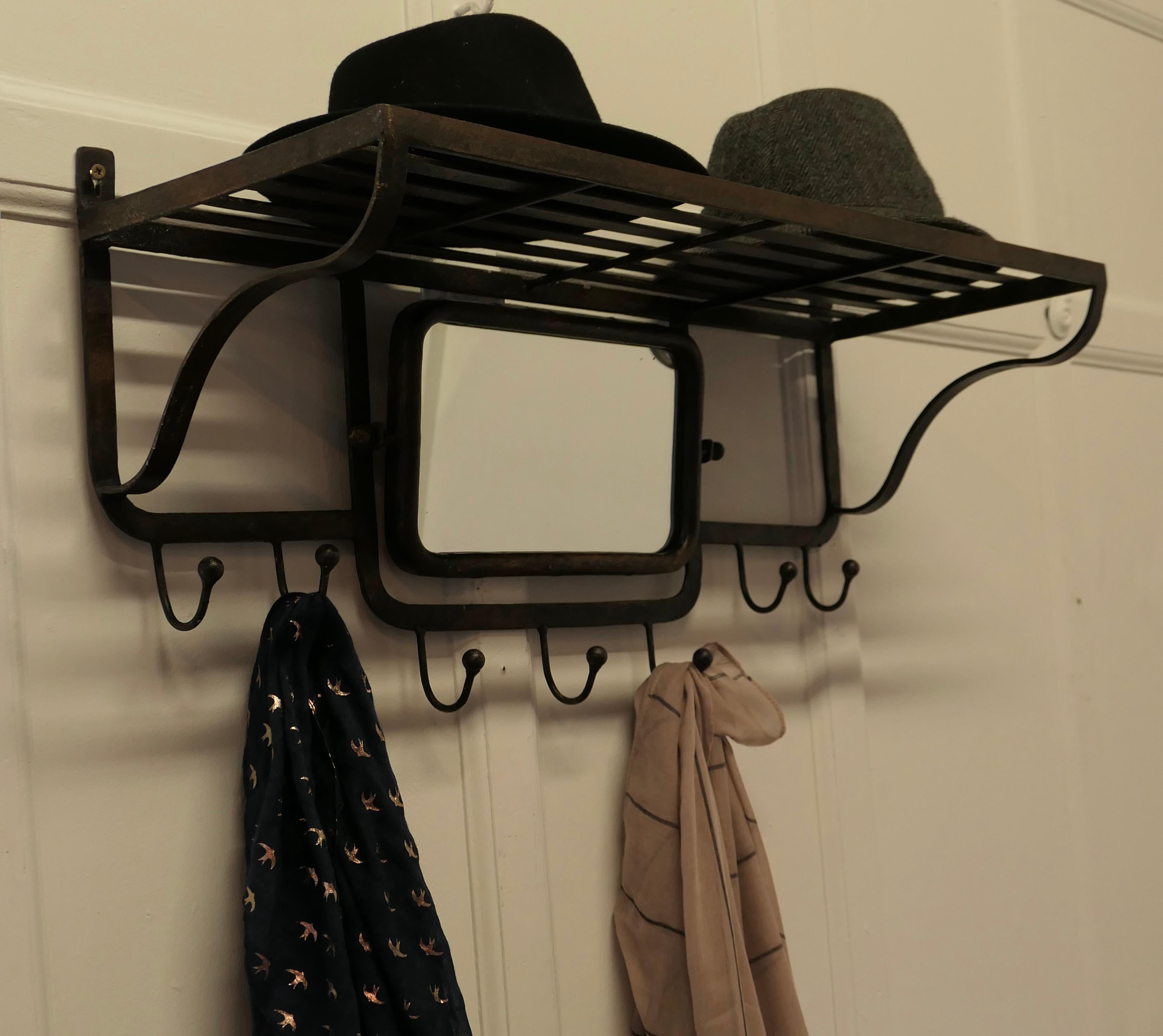 French Art Deco Iron Hat and Coat Rack with Shelf & Mirror, Pullman Style     For Sale 2