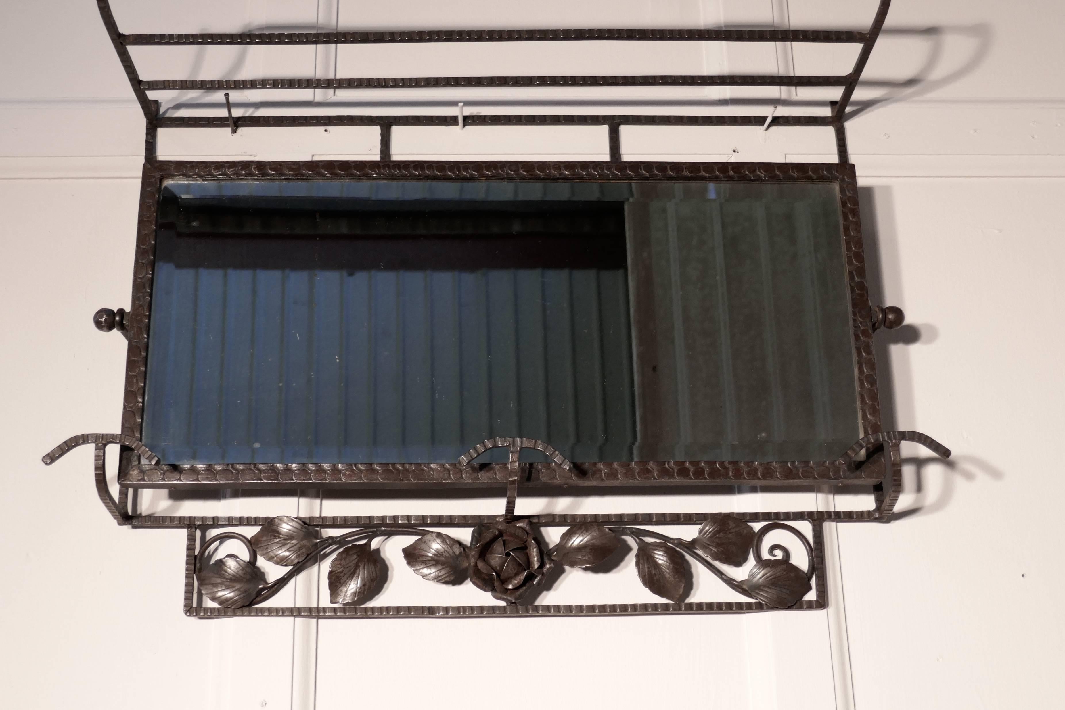 French Art Deco Iron Hat and Coat Shelf Brutalist Mirror, Pullman Style In Good Condition In Chillerton, Isle of Wight