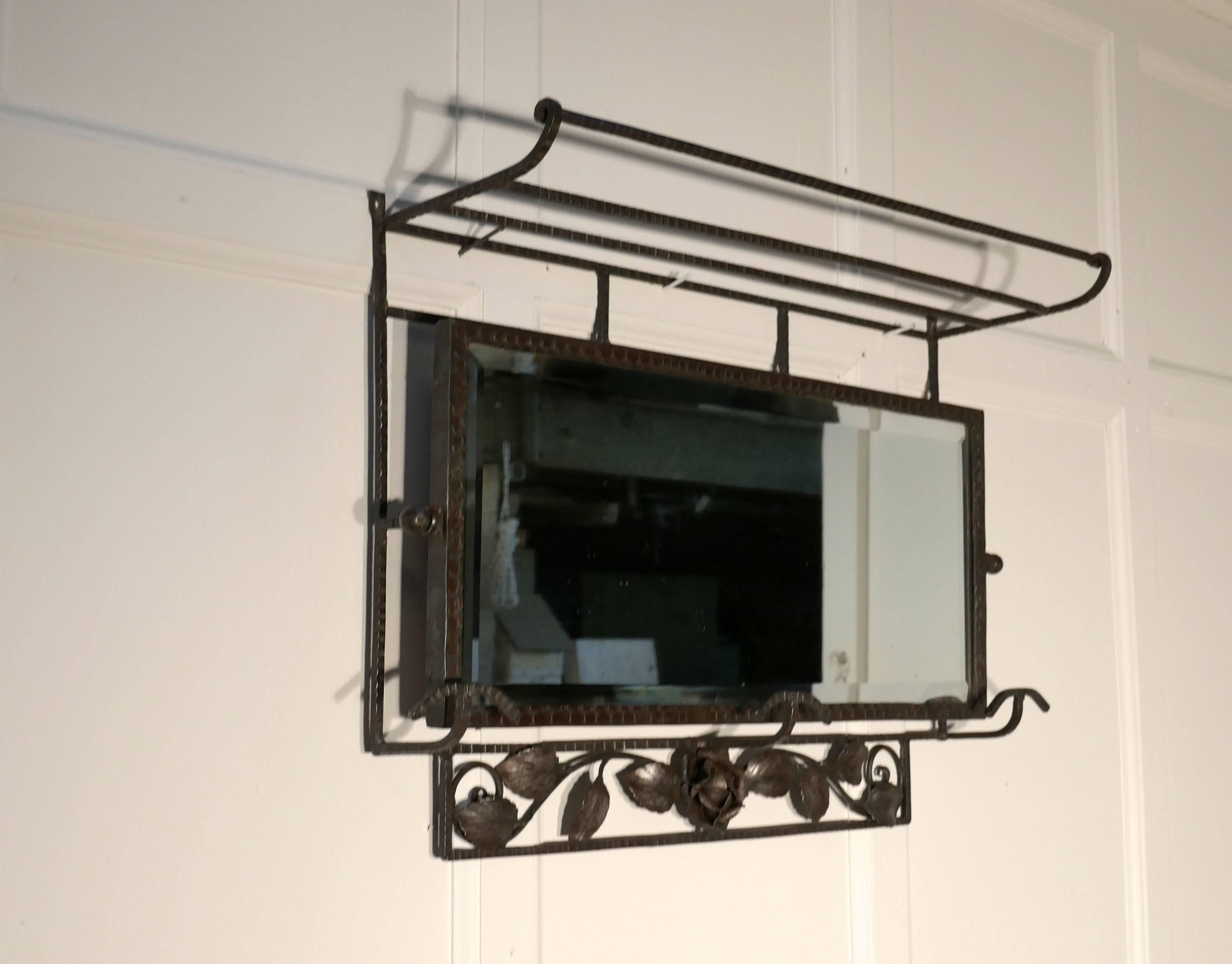 20th Century French Art Deco Iron Hat and Coat Shelf Brutalist Mirror, Pullman Style