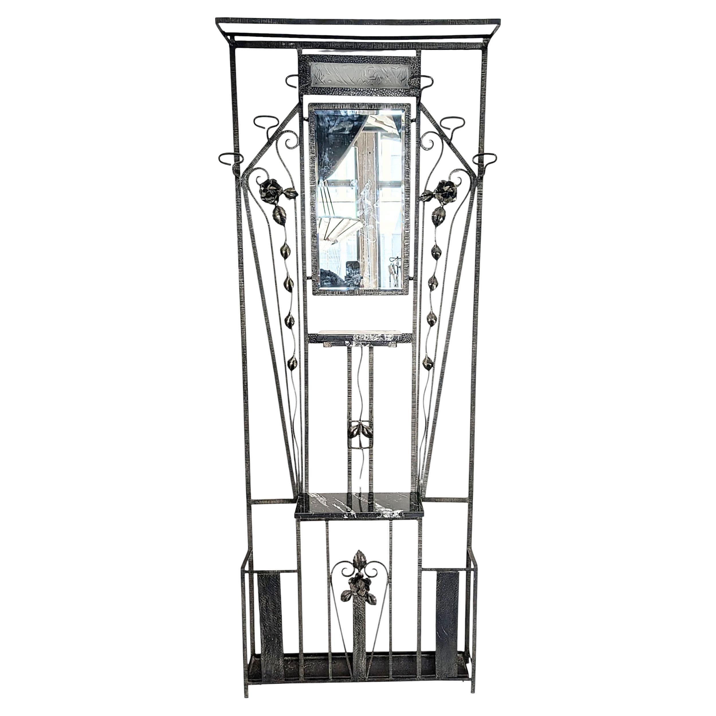 Árbol de recibidor/perchero iluminado de hierro art decó francés c/consola, Paragüero en venta