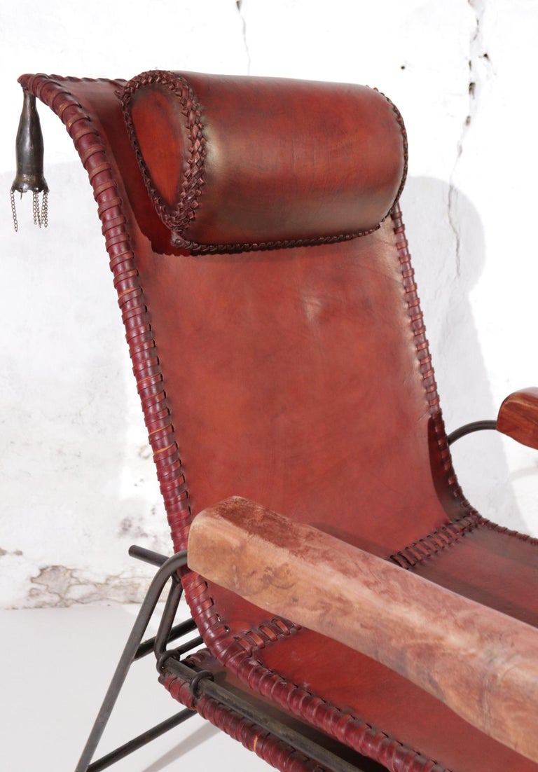 French Art Deco Iron and Leather Lounge Chair with Extension