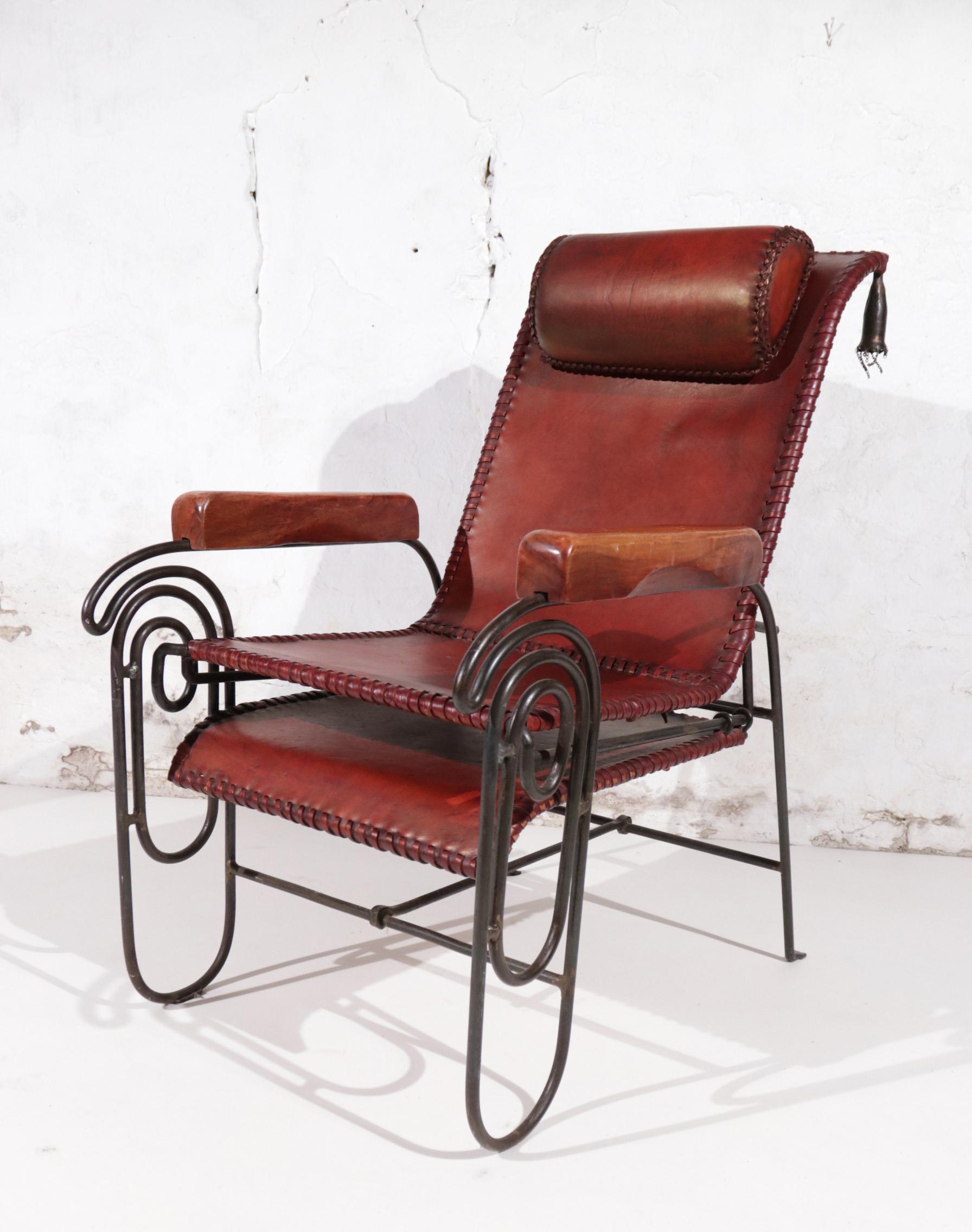 Mid-Century Modern French Art Deco Iron & Leather Lounge Chair with Extension  For Sale