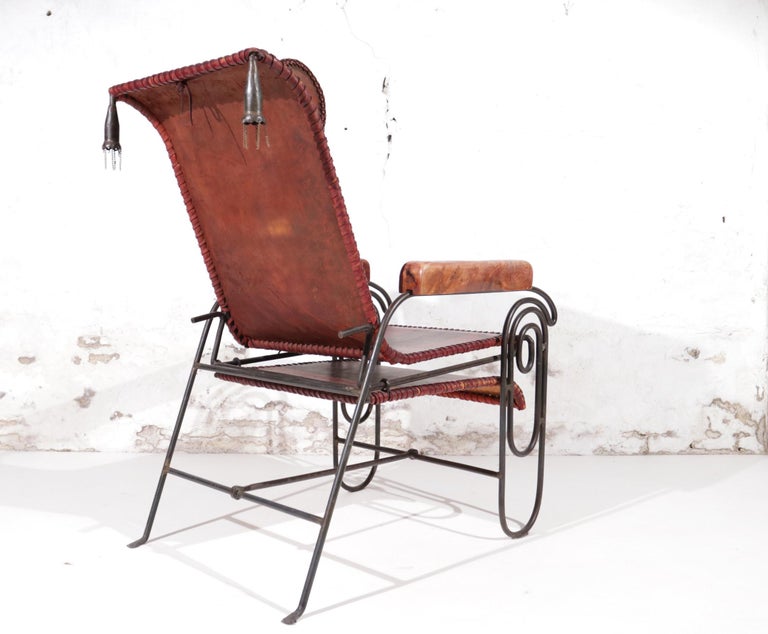 French Art Deco Iron and Leather Lounge Chair with Extension