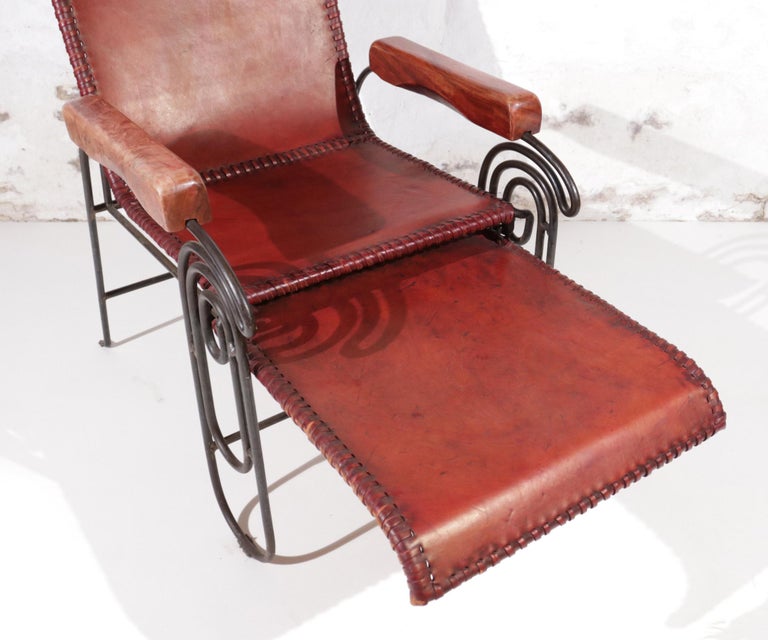 French Art Deco Iron and Leather Lounge Chair with Extension