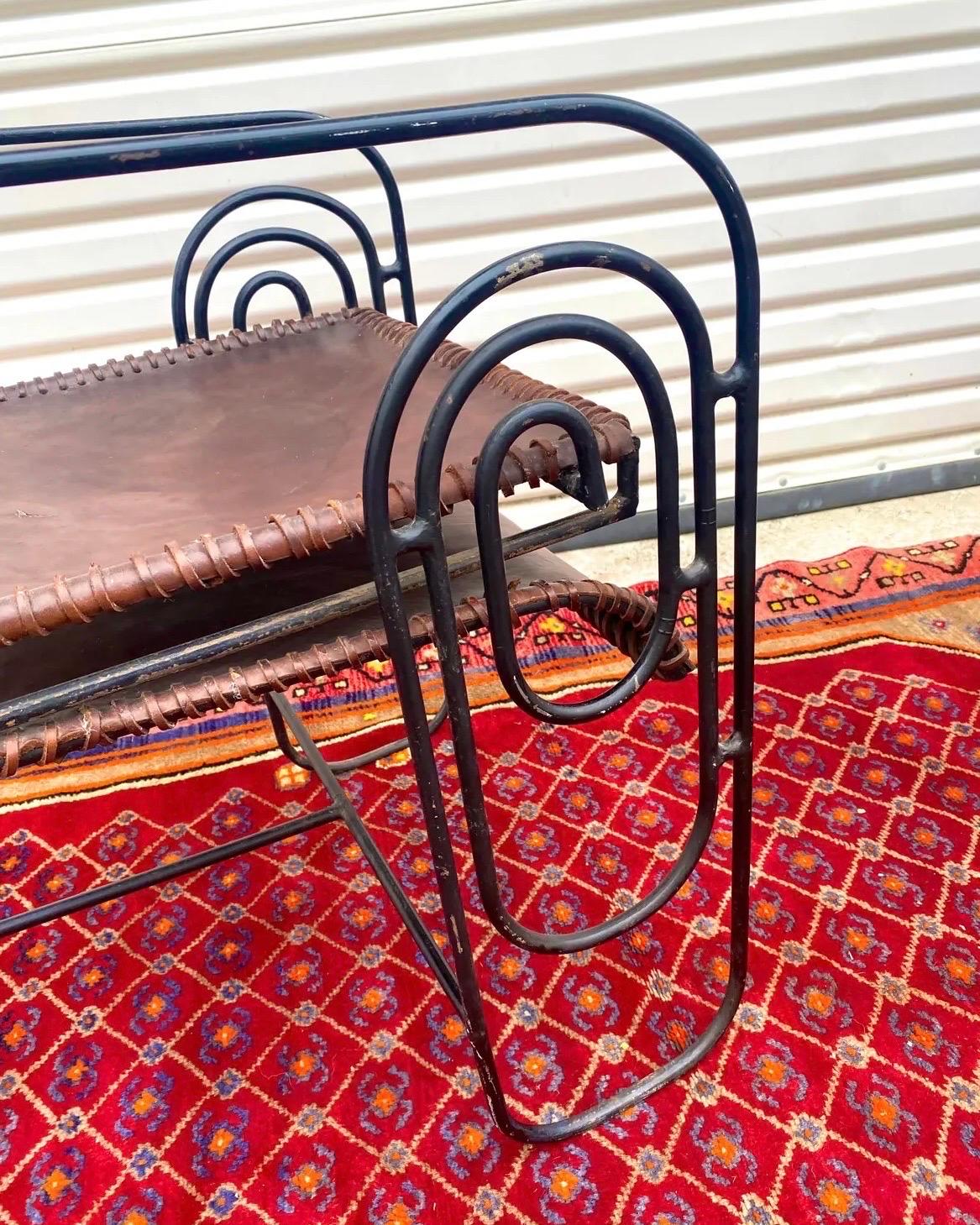 Leather French Art Deco Iron Lounge Chair With Extension Circa 1925 For Sale