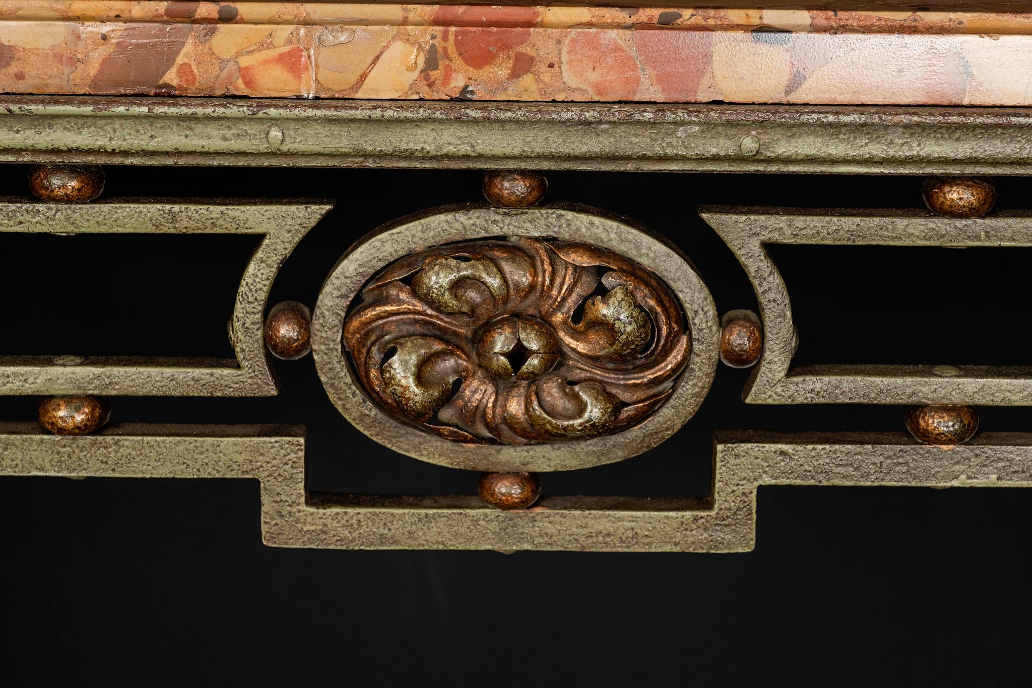 Art Deco wrought iron console with rouge marble top.
