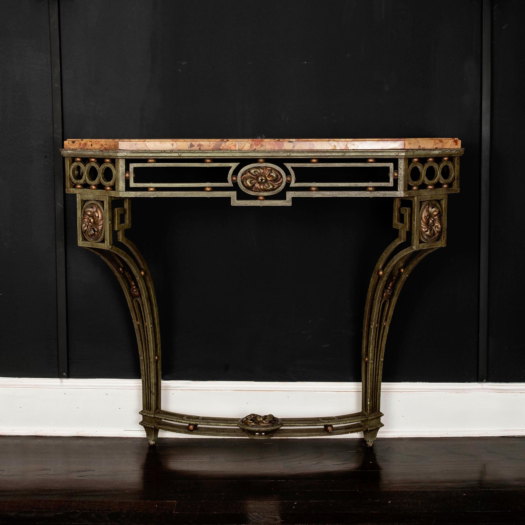 20th Century French Art Deco Iron Marble Console For Sale
