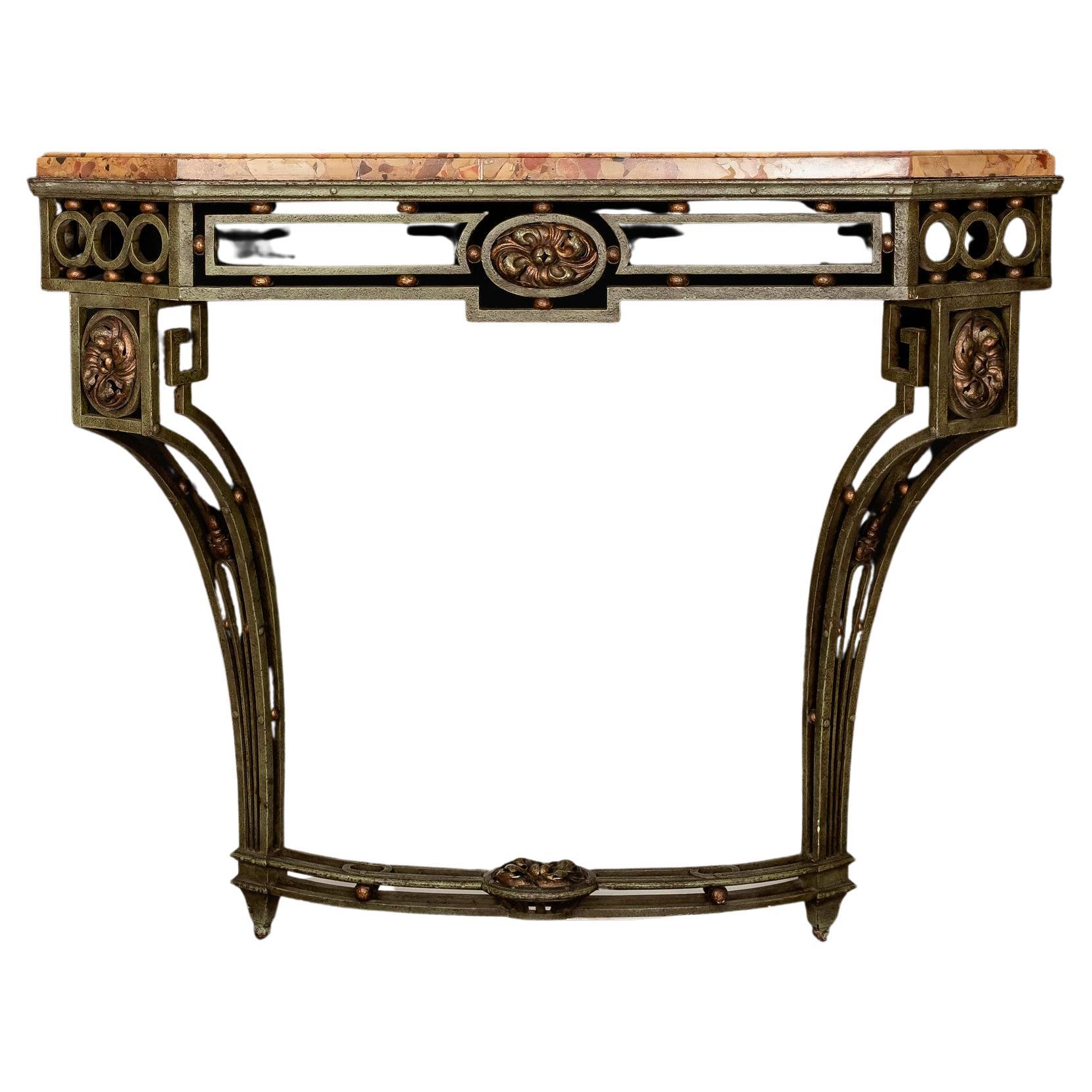 French Art Deco Iron Marble Console For Sale